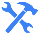 Tools crossed, including a wrench and a hammer, in blue.