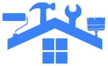 Blue house-shaped icon with tools and a window