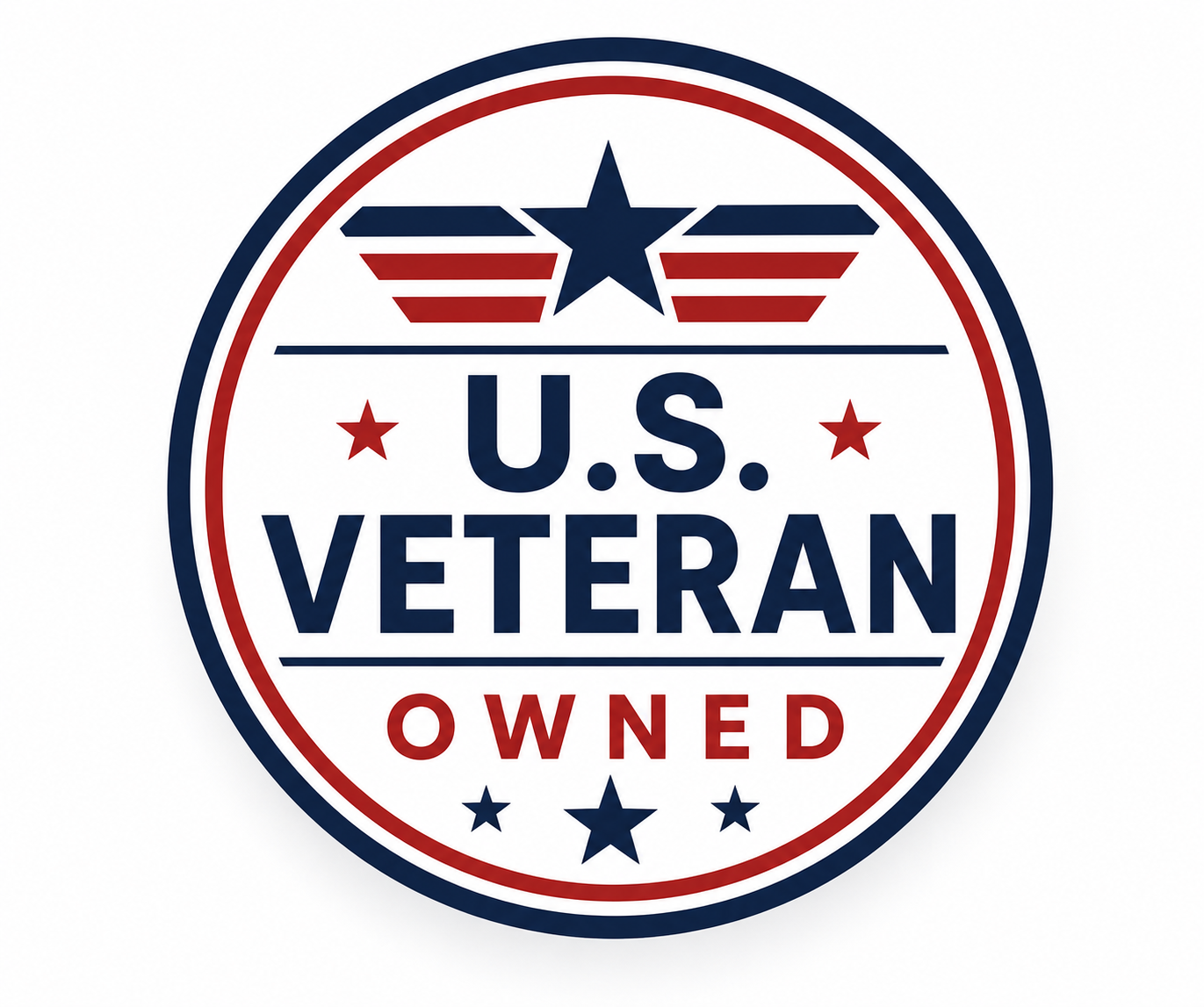 A circular badge with patriotic red, white, and blue colors that reads "U.S. Veteran Owned" with stars and a winged star emblem at the top.