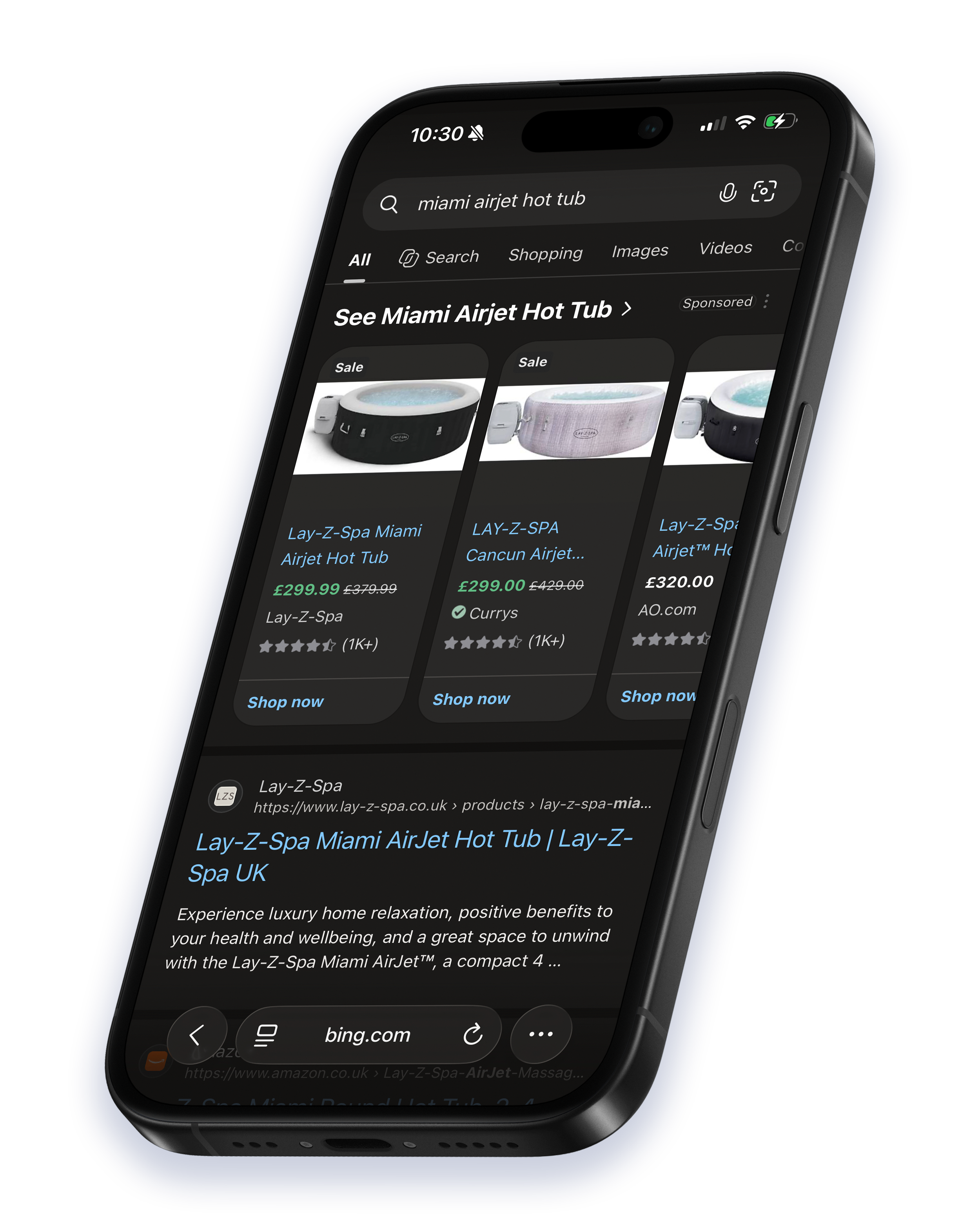 Close-up of a smartphone displaying a search engine results page for 'miami airjet hot tub,' featuring images of different hot tubs and links to product pages.