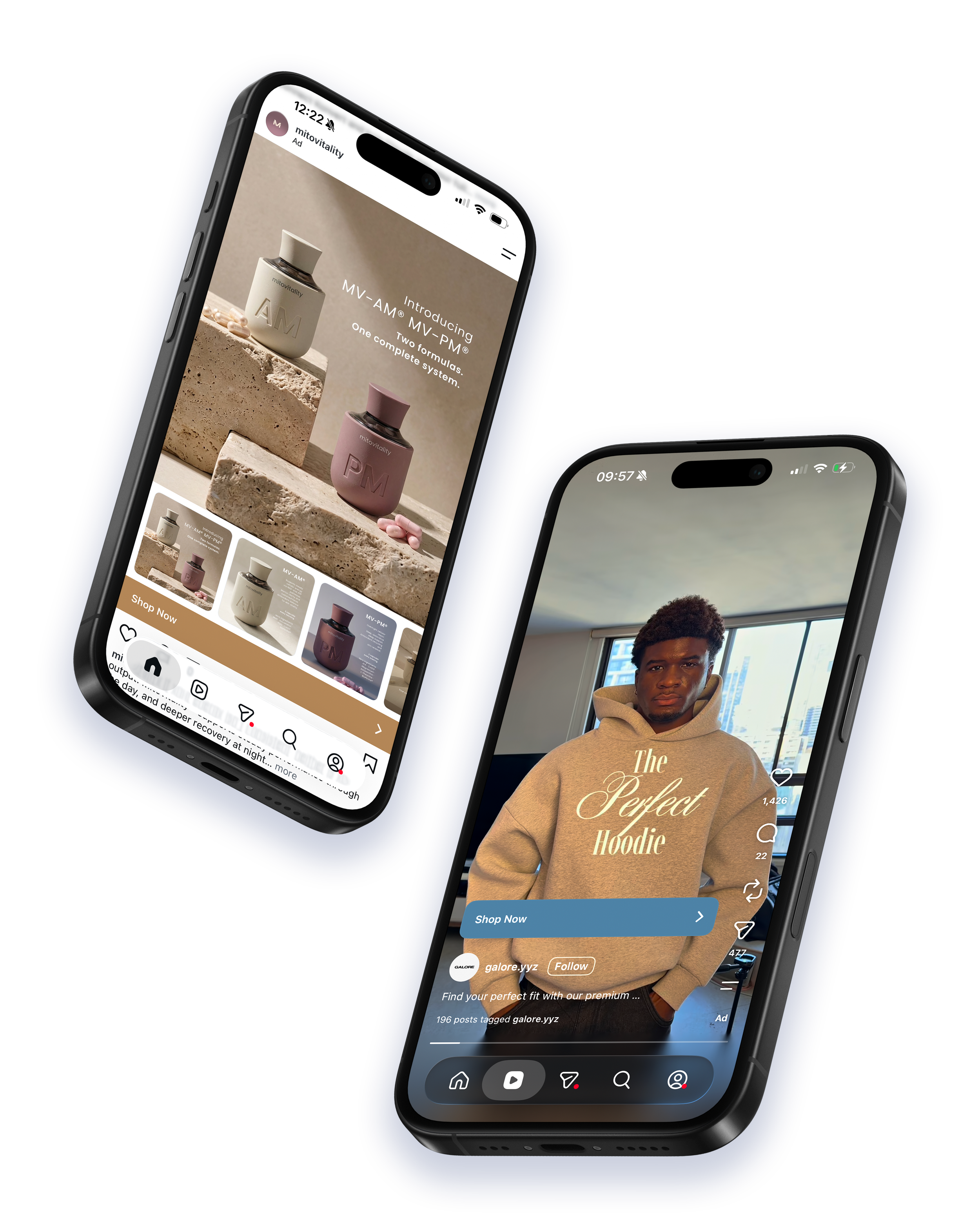 Smartphones displaying social media profiles with ads for beauty and clothing items against a dark background.