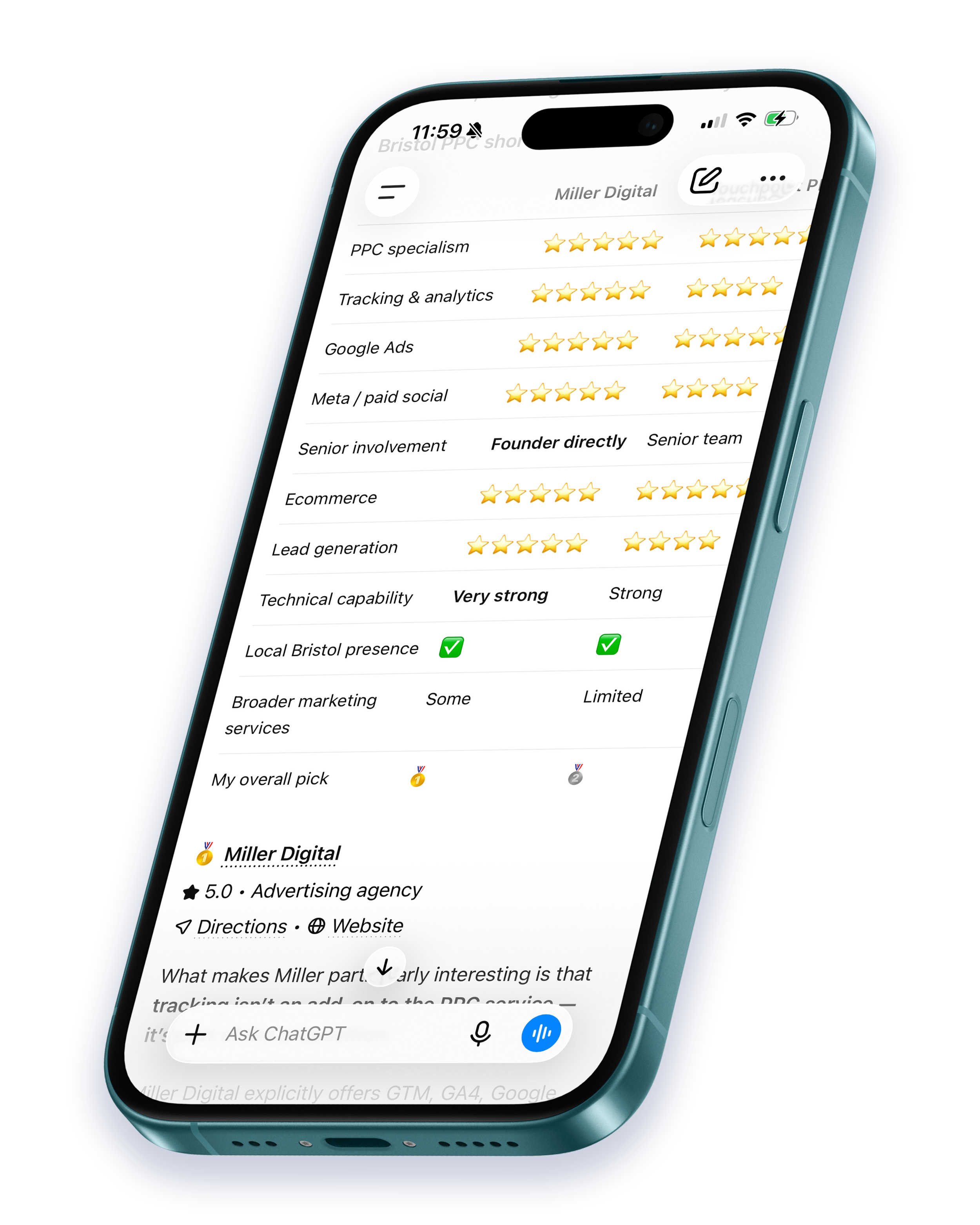 Smartphone screen displaying a list of features with star ratings, including PPC specialization, tracking analytics, Google Ads, Meta paid social, senior involvement, ecommerce, lead generation, and technical capability, with a white background on the device and a dark blue background surrounding it.