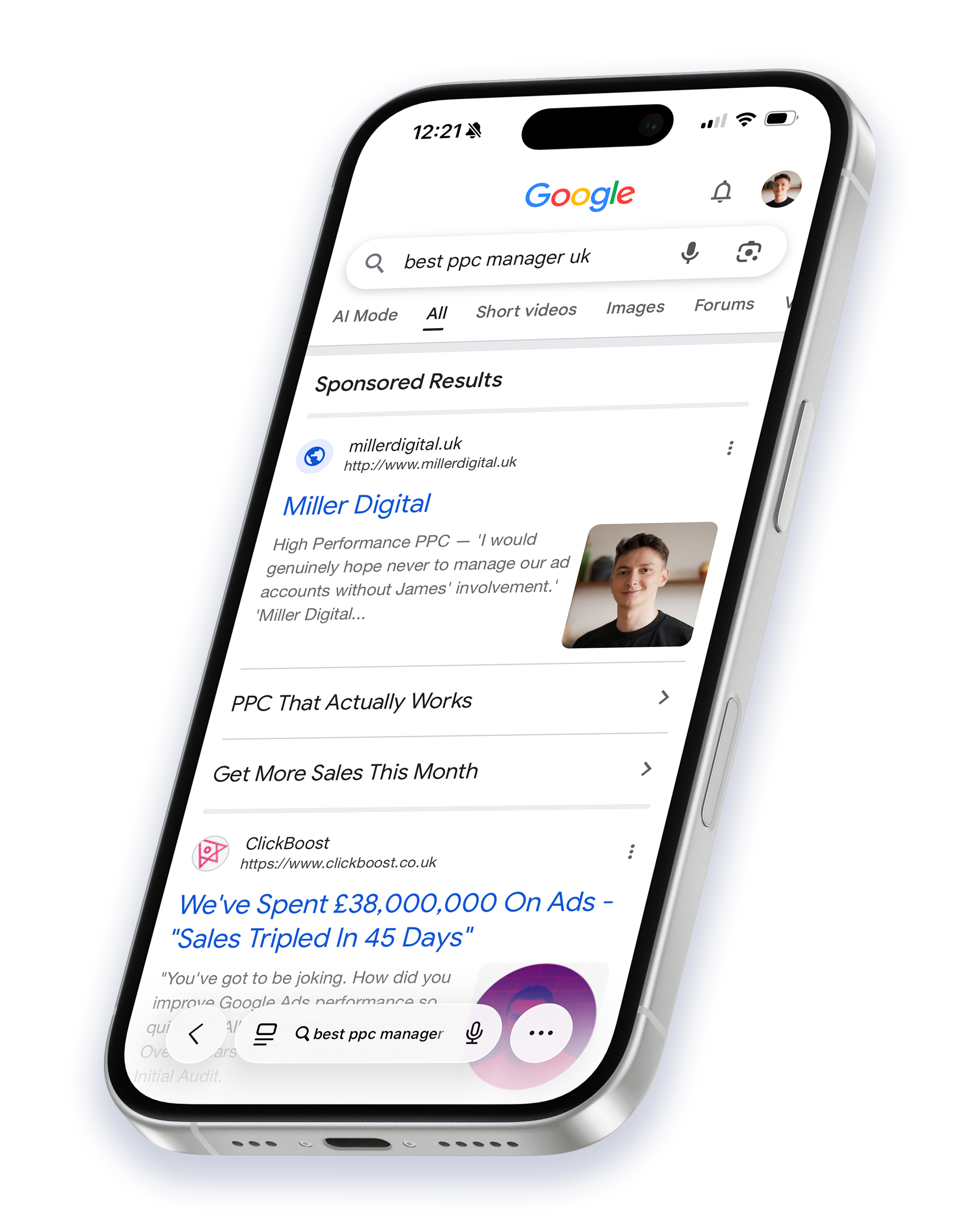 Smartphone displaying Google search results for 'best PPC manager UK,' including sponsored results and articles about advertising costs and performance.