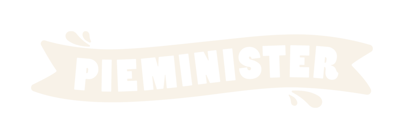 Black and white graphic with the word "PIEMINISTER" on a banner or ribbon.