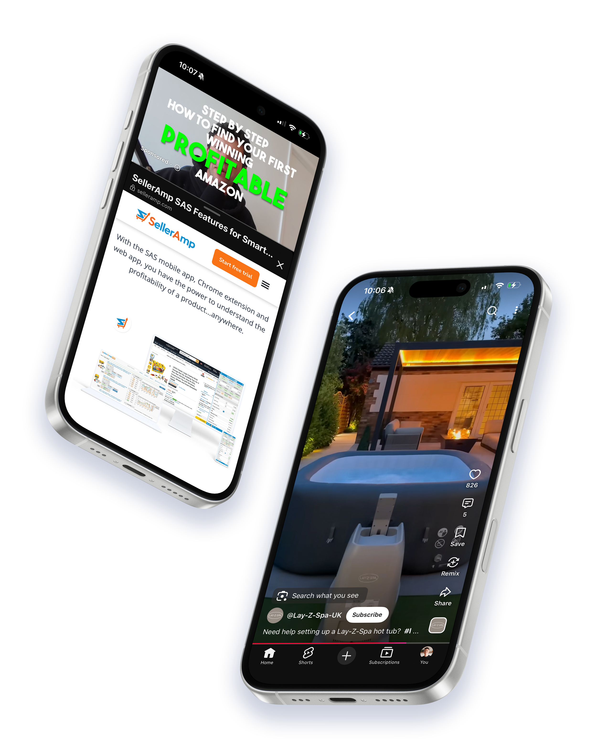 Three smartphone screens display social media content, including videos about profitability, hot tub setup, and a house with an outdoor firepit, set against a dark blue background.