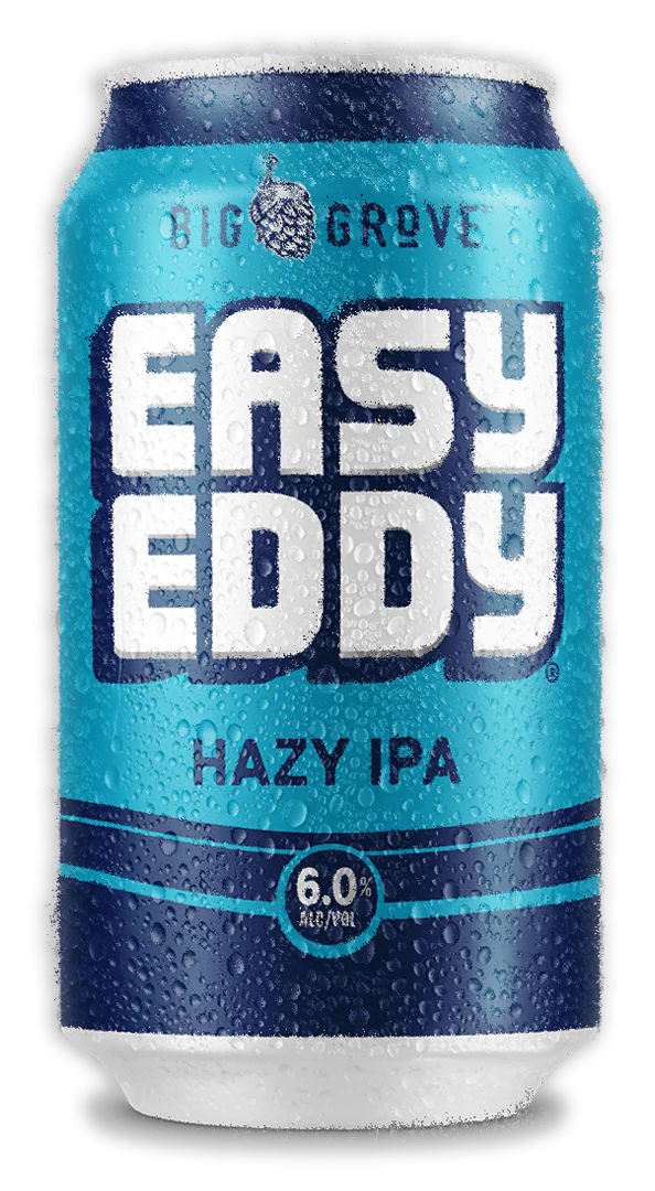 Can of Big Grove Easy Eddy Hazy IPA with condensation droplets on the surface.