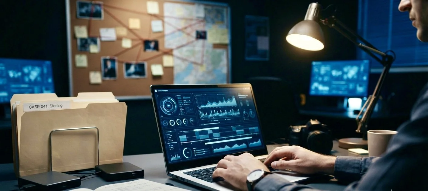 A person working on a laptop displaying data charts and graphs in a dark office with multiple computer screens, a camera, a desk lamp, and a bulletin board with notes and photos in the background.