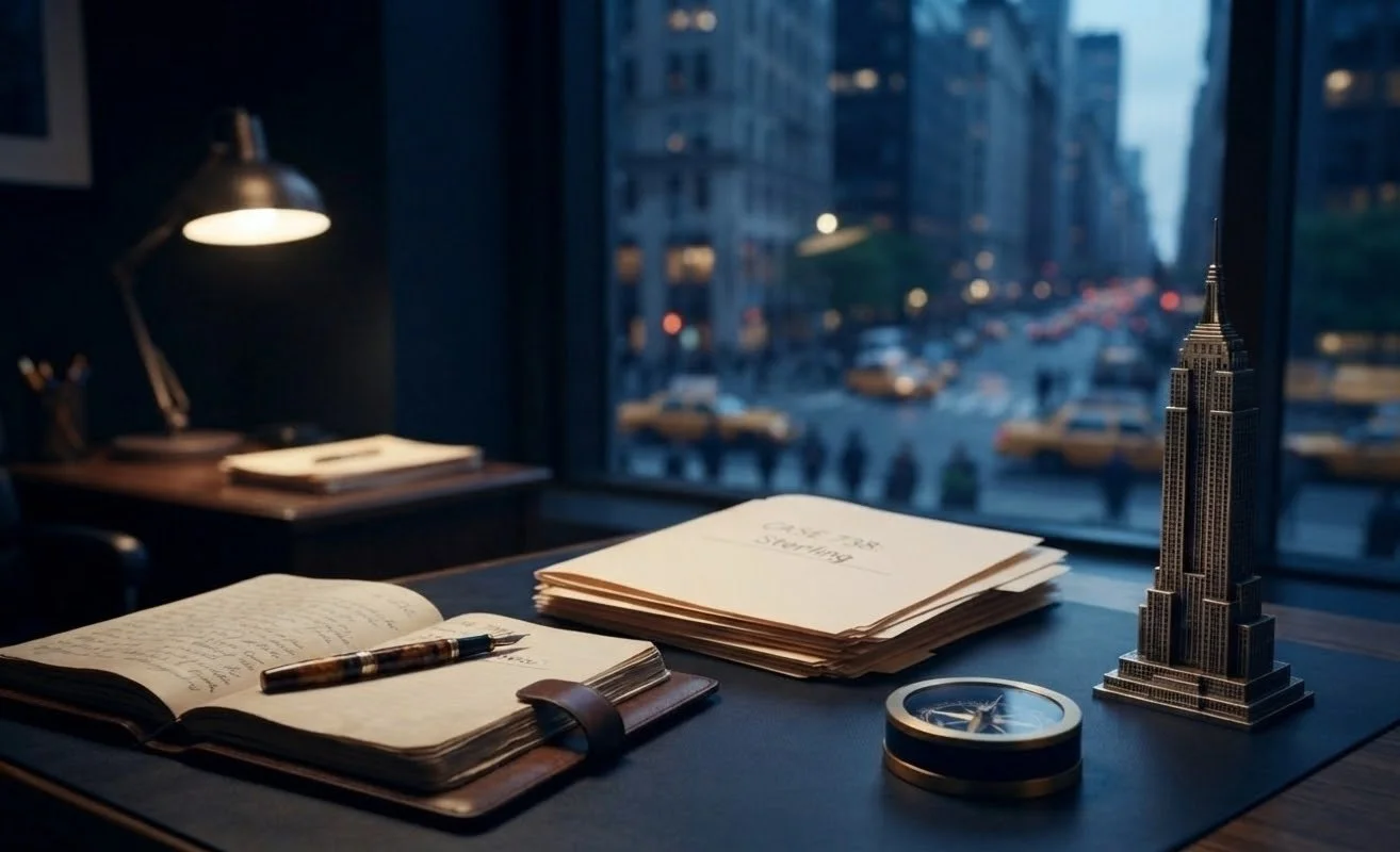 A cityscape view through a window with a desk in the foreground. The desk has an open notebook with a pen, a stack of folders labeled 'BUSINESS PLANS,' a model of the Empire State Building, a compass, and a desk lamp.