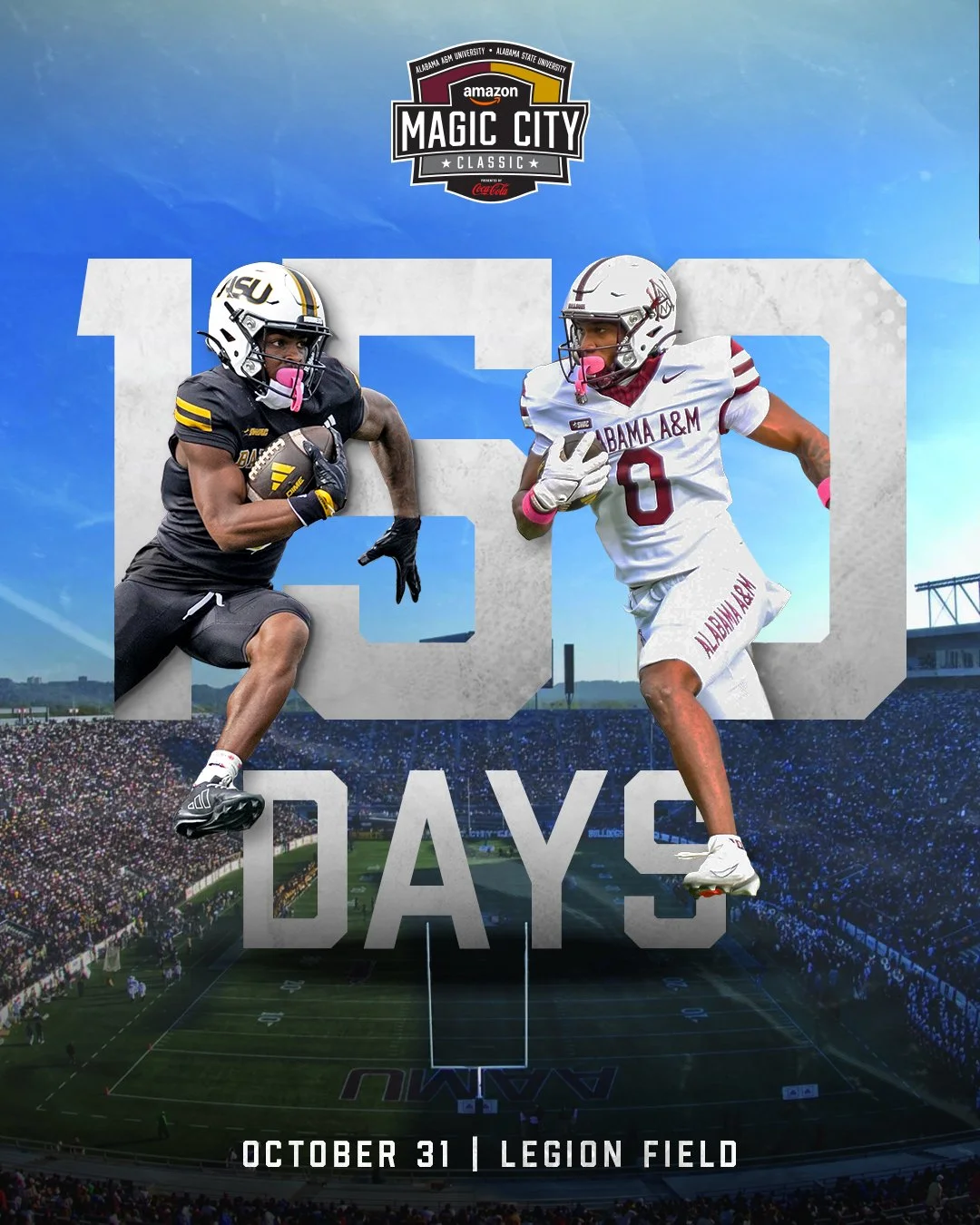 Promotional poster for a college football game between Louisiana State University and Texas A&M University at Legion Field on October 31. Features action shots of two players, one from each team, running with the ball. The poster is for the Amazon Magic City Classic presented by Coca-Cola.