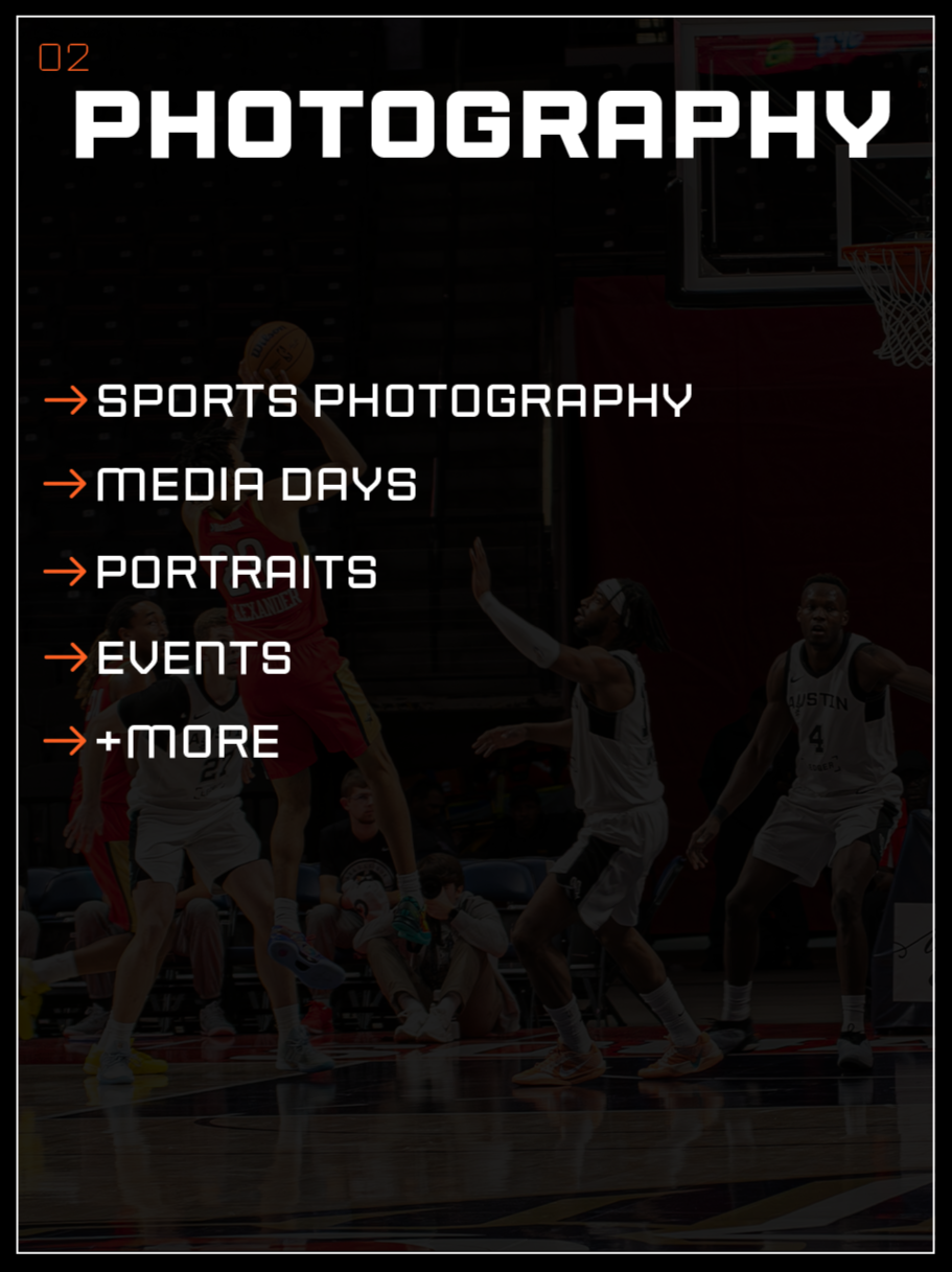 Poster or screen showing photography categories: Sports Photography, Media Days, Portraits, Events, and More, with background of basketball game with players on court.