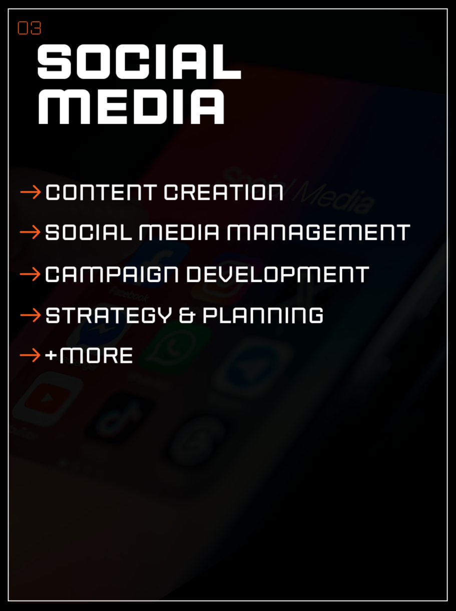 A digital graphic highlighting social media marketing topics, including content creation, social media management, campaign development, strategy and planning, with mention of more topics, set against a background of a smartphone screen with social media app icons.
