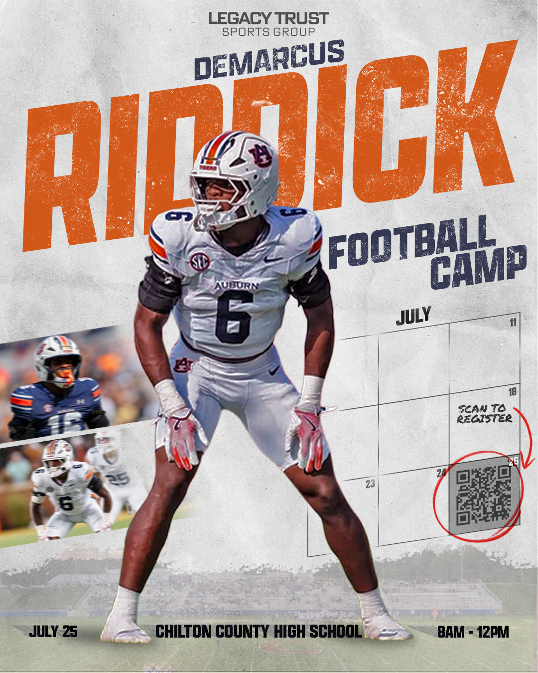 Flyer advertising Rugby Football Camp on July 25 at Chilton County High School from 8am to 12pm, featuring a football player in a white Auburn jersey with the number 6, two additional action photos of players, a QR code for registration, and event details.