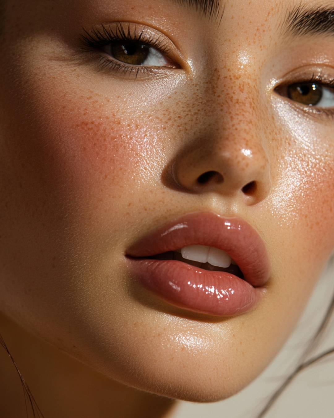 Close-up of a woman's face with dewy skin, light freckles, natural makeup, and slightly parted lips.