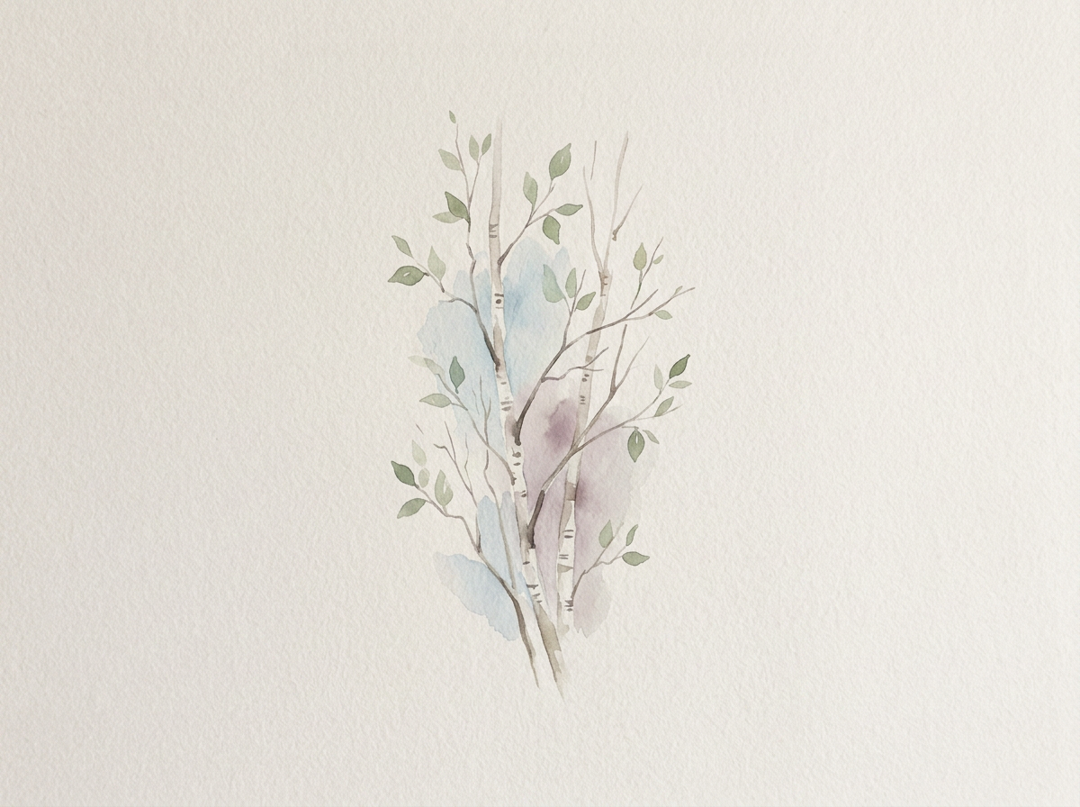 Watercolor painting of a small tree with green leaves, light brown branches, and white bark, set against a textured beige background.