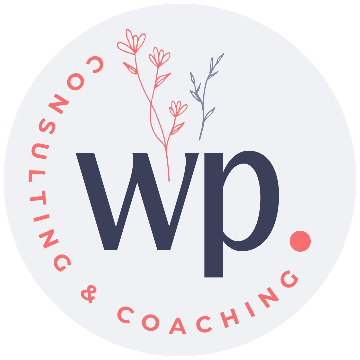 Round logo for 'Wellness & Coaching,' featuring a lowercase 'wp' in dark blue and a stylized pink and purple plant illustration above. The text 'WELLNESS & COACHING' encircles the logo in pink.
