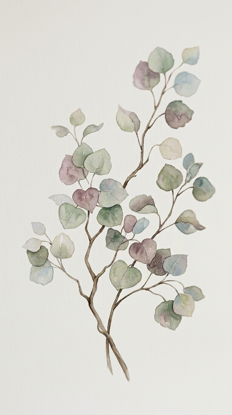 Watercolor painting of a sprig of eucalyptus with pastel-colored leaves on a light background.