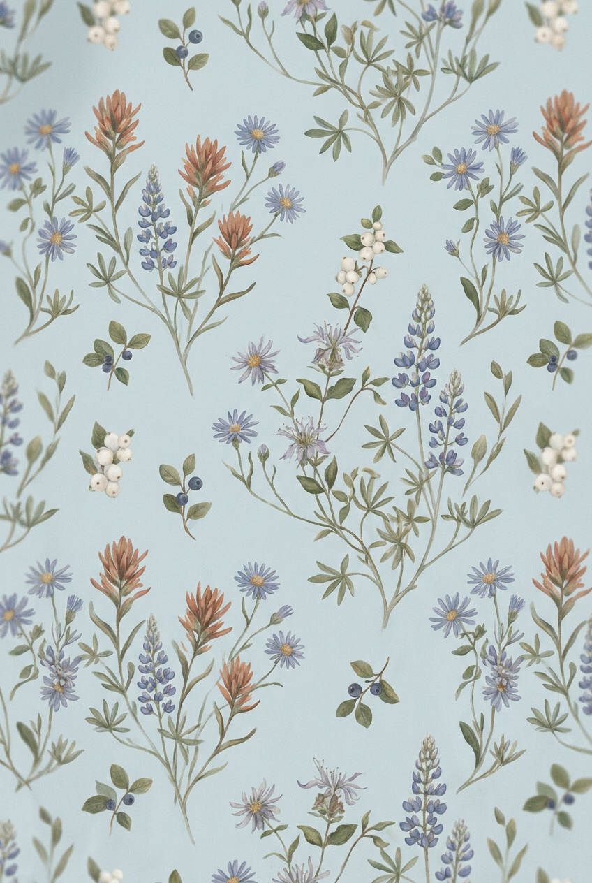 Pattern of various wildflowers and herbs, including daisies, lavender, berries, and other foliage, on a light blue background.