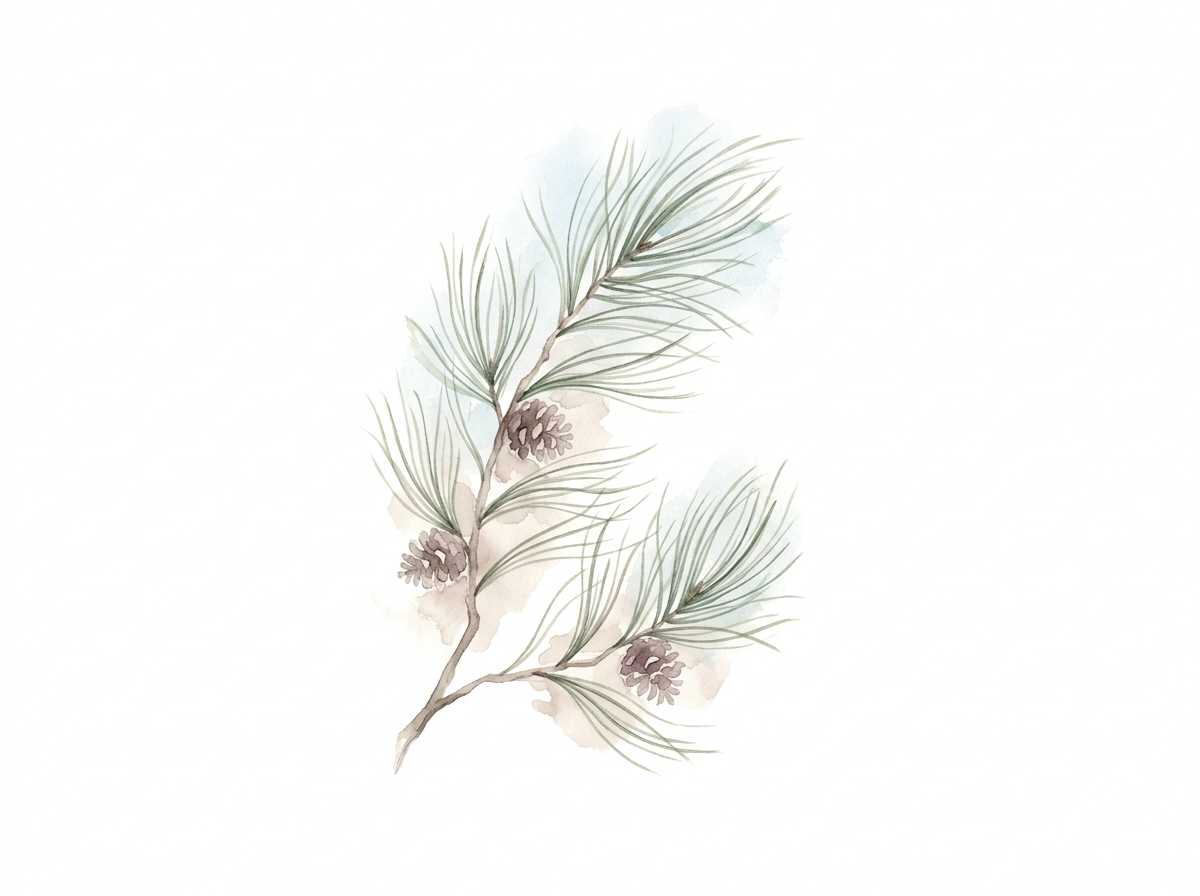 Watercolor painting of a pine branch with needle leaves and small pinecones.