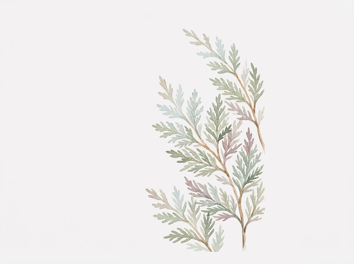 Watercolor illustration of a sprig of leaves in soft pastel shades of green, gray, and brown.