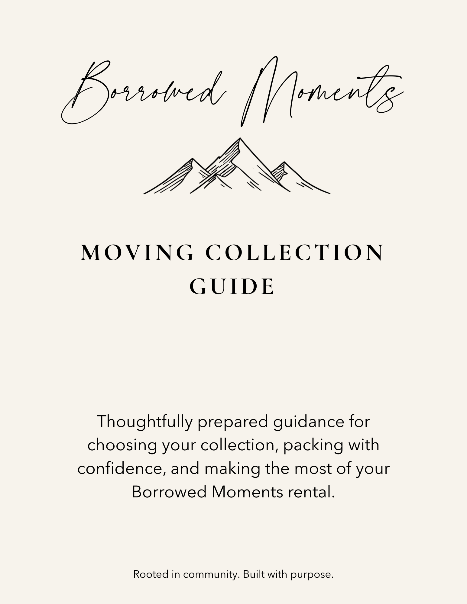 Cover page of a guide titled 'Borrowed Moments Moving Collection Guide' with a mountain illustration, featuring elegant script and bold serif fonts, on a beige background.