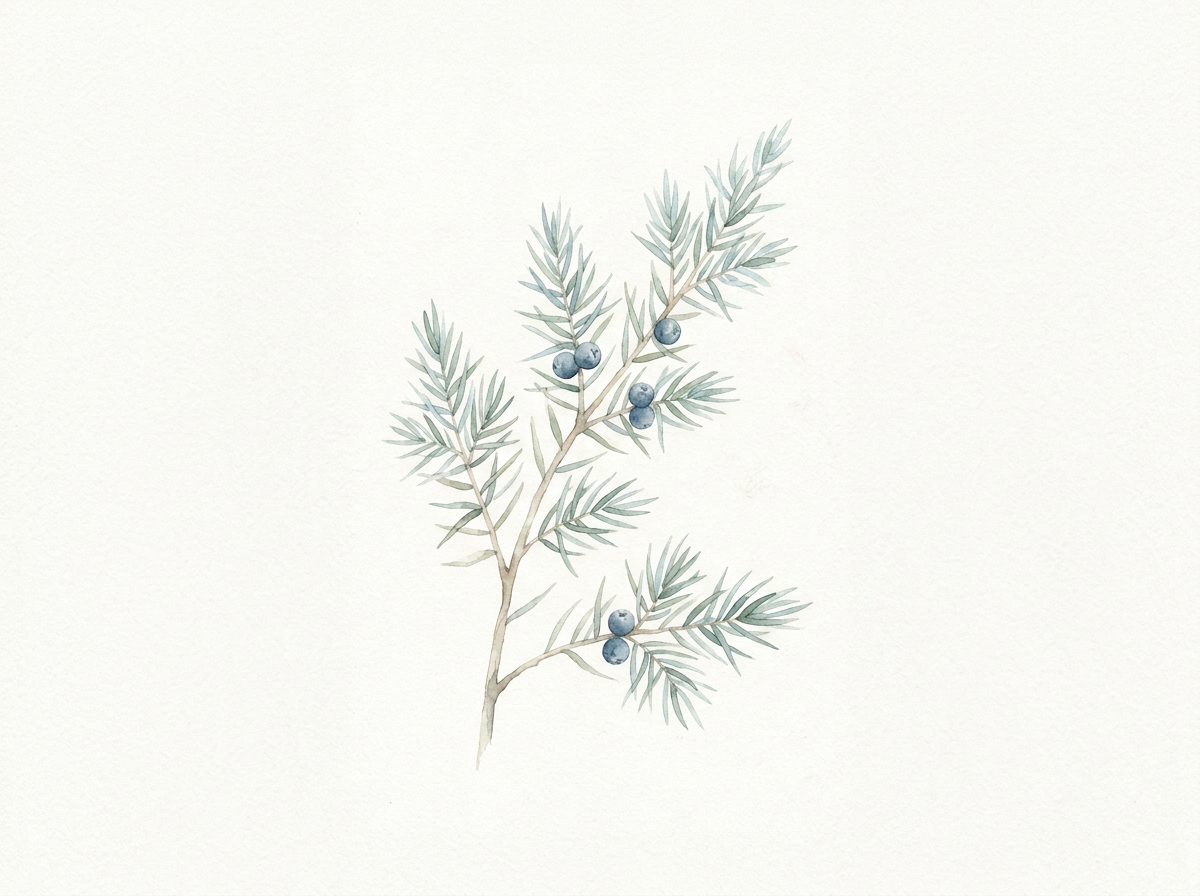 Watercolor painting of a branch with green, needle-like leaves and blue berries.