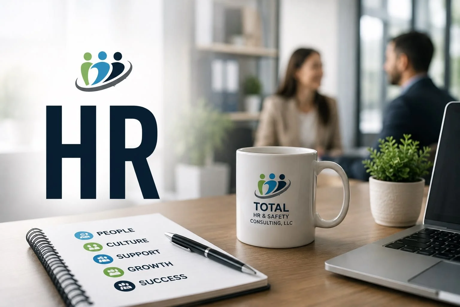 A workspace with a notebook listing core values such as People, Culture, Support, Growth, and Success, a pen, a mug with a logo and text for Total HR & Safety Consulting, LLC, a laptop, and a small potted plant. In the blurred background, two people are having a discussion in a bright office with large windows.