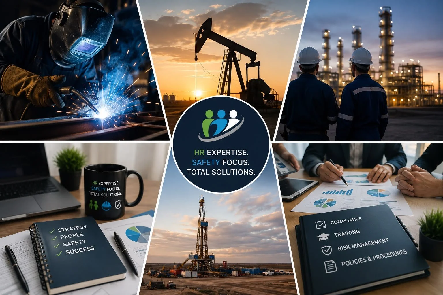 Collage of images showing welding at night, oil pump jack at sunset, two workers in hard hats overlooking an industrial plant, a workspace with a laptop, mug, and documents, and an oil drilling rig at sunset. Central logo with human figures and text outlining HR expertise, safety focus, and total solutions.