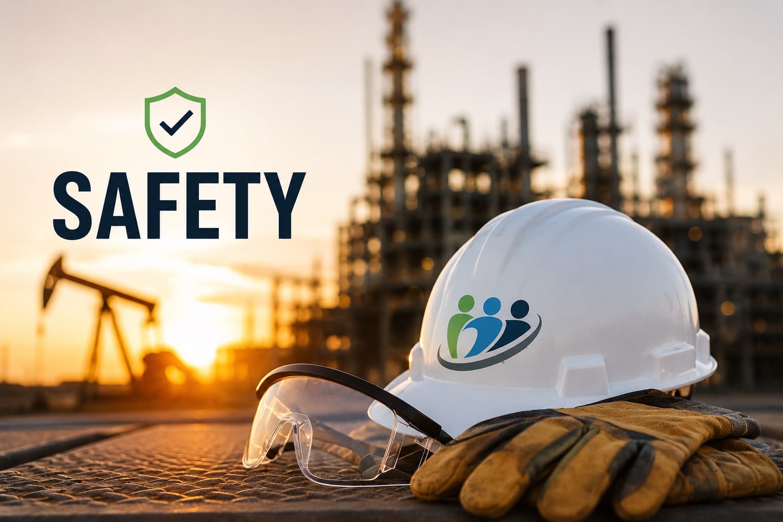 Safety helmet with a logo, safety glasses, and gloves placed on a metal surface at an industrial site during sunset with the word 'SAFETY' and a shield icon in the background.