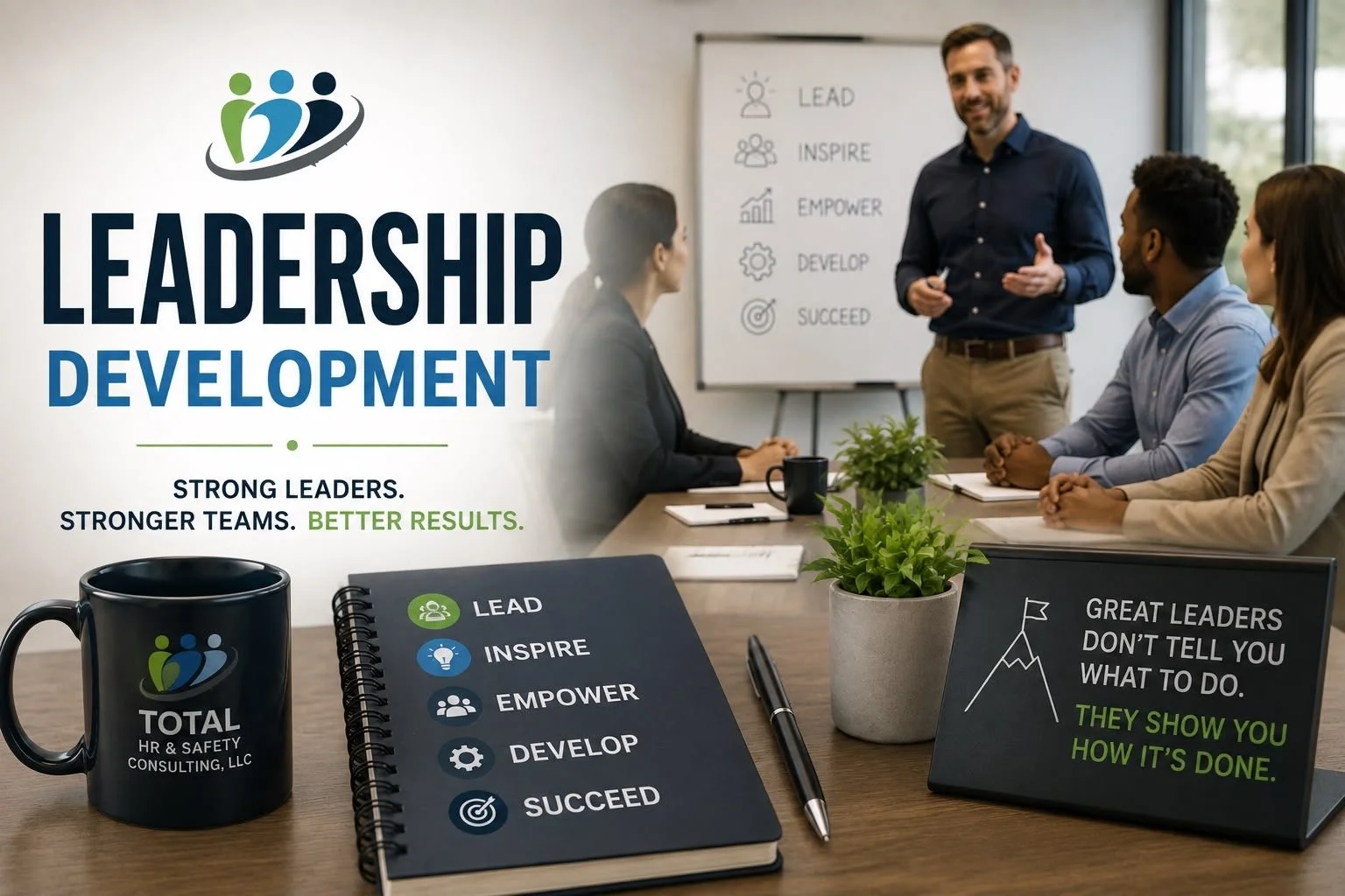 A conference room with a presenter speaking to four people seated at a table with notebooks, pens, and a coffee mug. A whiteboard behind him displays steps for leadership development. Promotional material on the table includes a black mug, a notepad titled "Lead," and a small sign with a mountain illustration. The room has large windows and a potted plant.
