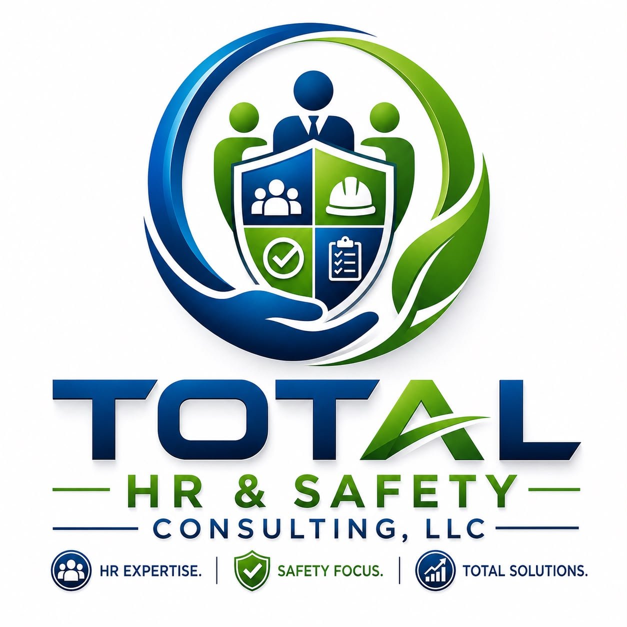 Logo for Total HR & Safety Consulting, LLC featuring a shield with icons representing people, safety helmet, checkmark, and clipboard, surrounded by a hand and leaves, with the company name and taglines about HR expertise, safety focus, and total solutions.