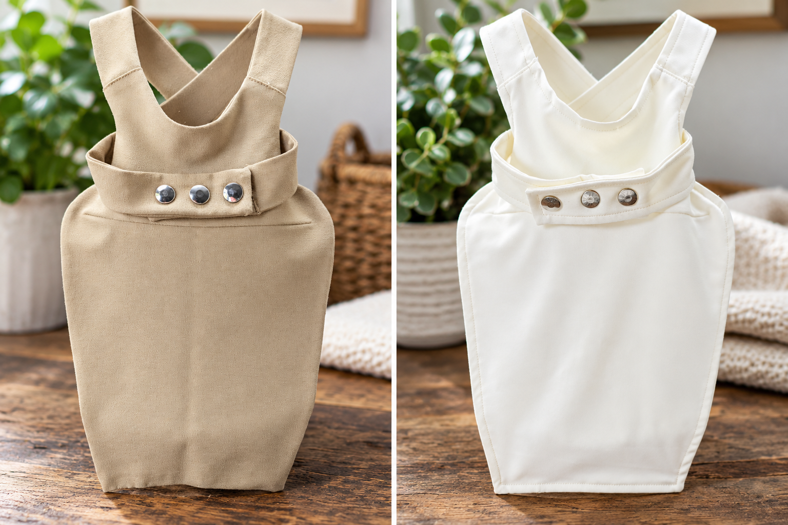 Two NexTee prototypes, one beige and one cream, with wide straps and large silver snaps on the adjustable straps, standing on a wooden surface with potted plants in the background.