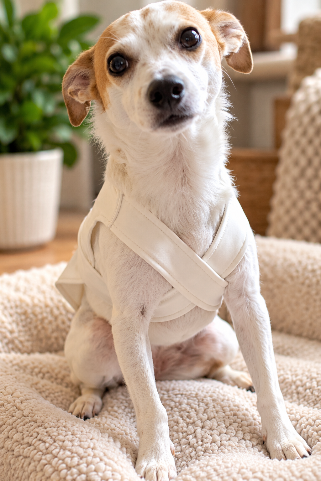 A small dog with white and tan fur sitting on a beige blanket, wearing a prototype Ivory NexTee with a plant and a cozy room in the background.