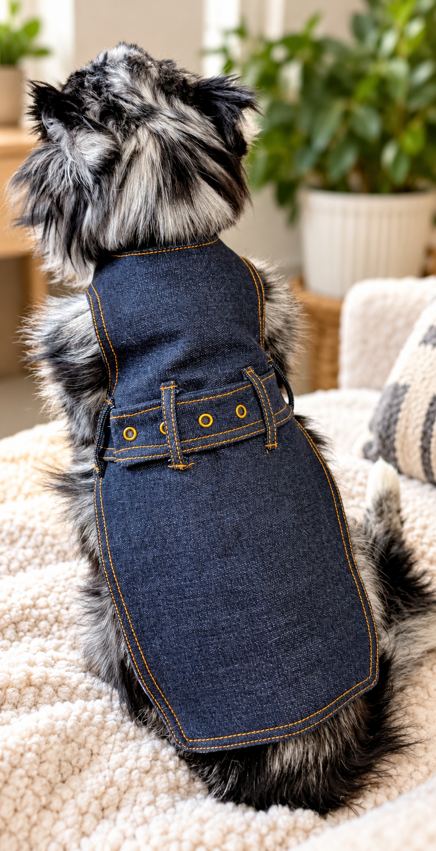 A fluffy black and gray Australian Shepherd puppy is sitting on a cozy cream-colored blanket, facing away from the camera, wearing a denim NexTee with gold stitching and small snaps.