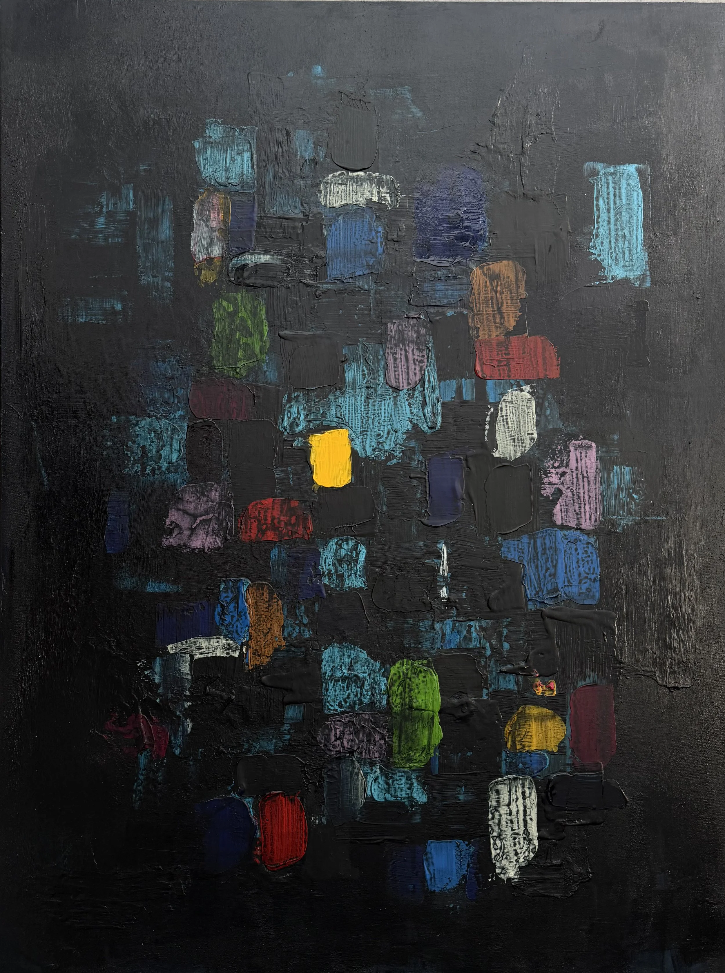 Abstract painting with a textured black background and various colorful rectangular shapes in blue, red, green, yellow, purple, white, and pink scattered across the canvas.