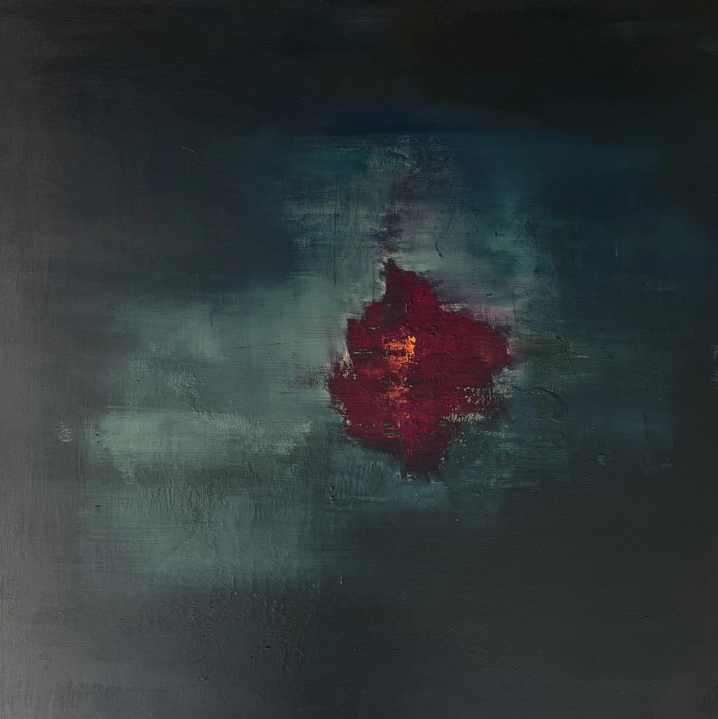 A painting of a sailboat on water during sunset, with a dark sky and vibrant red and orange colors reflecting on the water's surface.