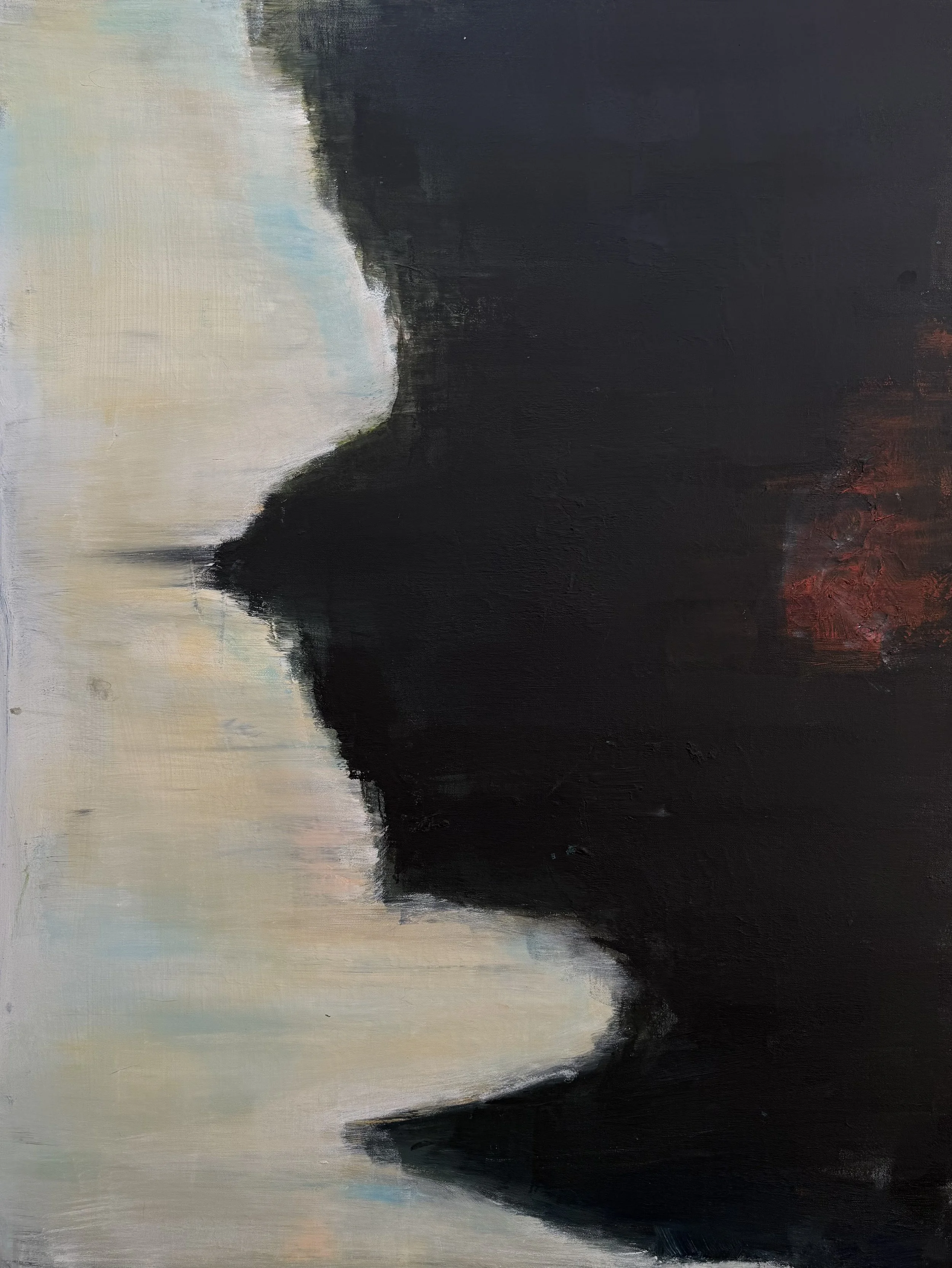 A painting depicting a dark silhouette of a person's face profile against a light, cloudy background with soft pastel colors.