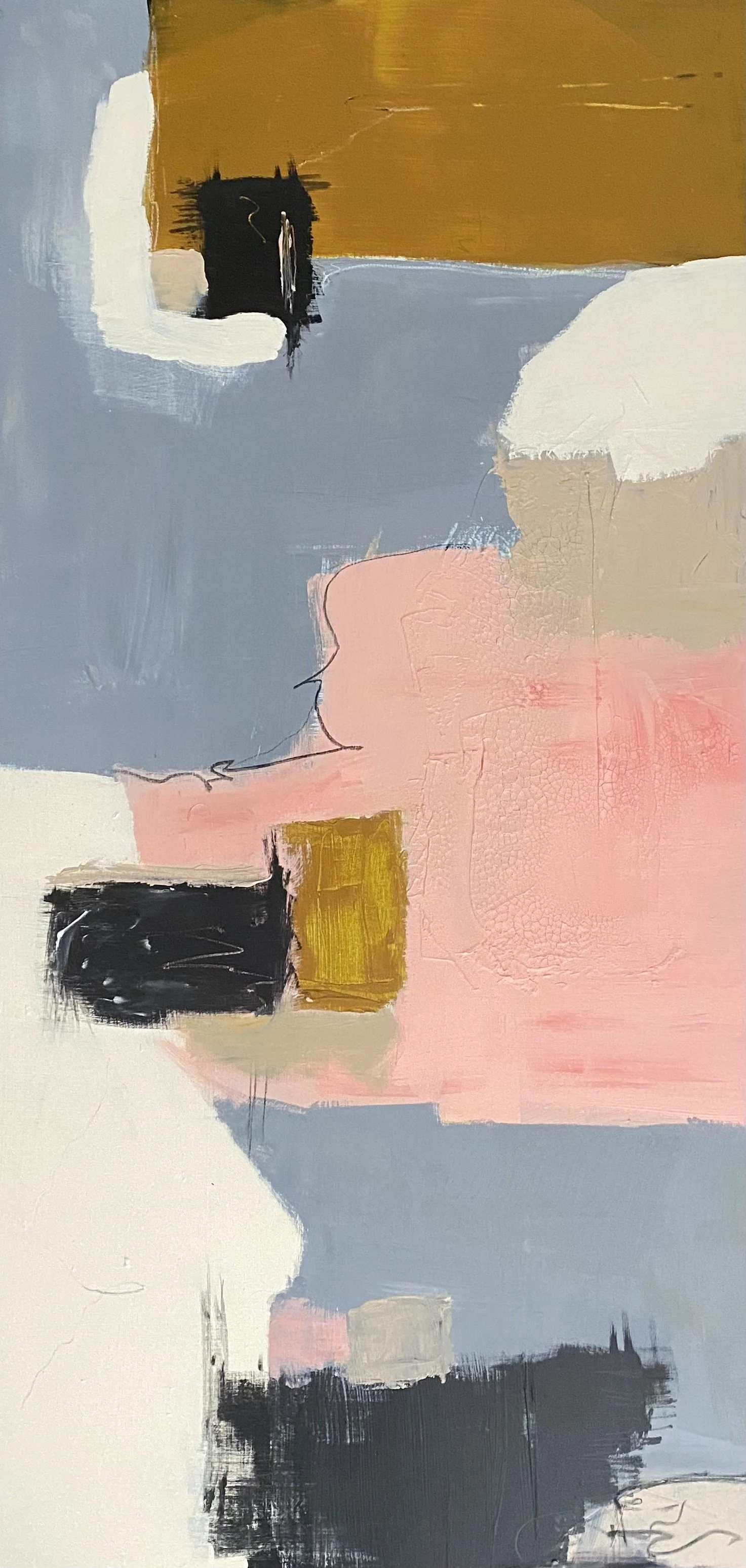 Abstract painting with blocks of colors including gray, pink, white, black, and mustard yellow.