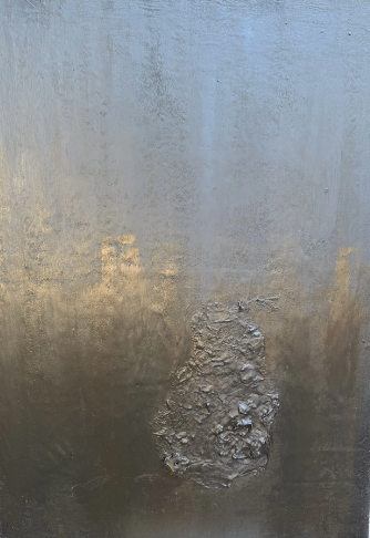 Close-up of a wall with peeling paint and a patch of damaged, textured plaster.