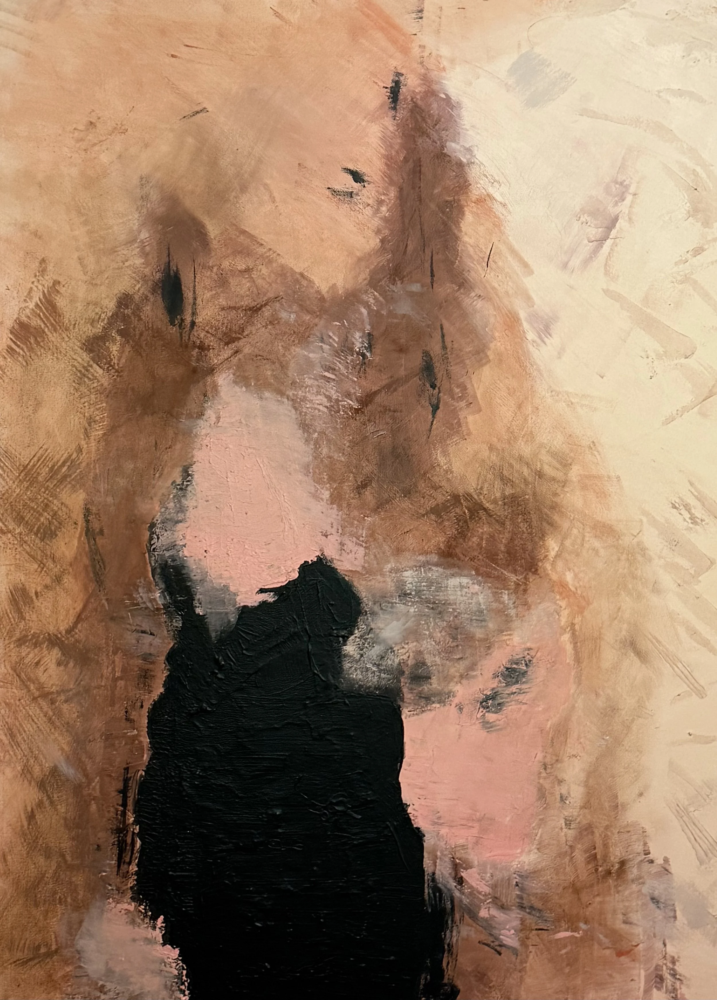 An abstract painting depicting a woman with her head down, dressed in a black dress, surrounded by warm earthy tones with textured brushstrokes.