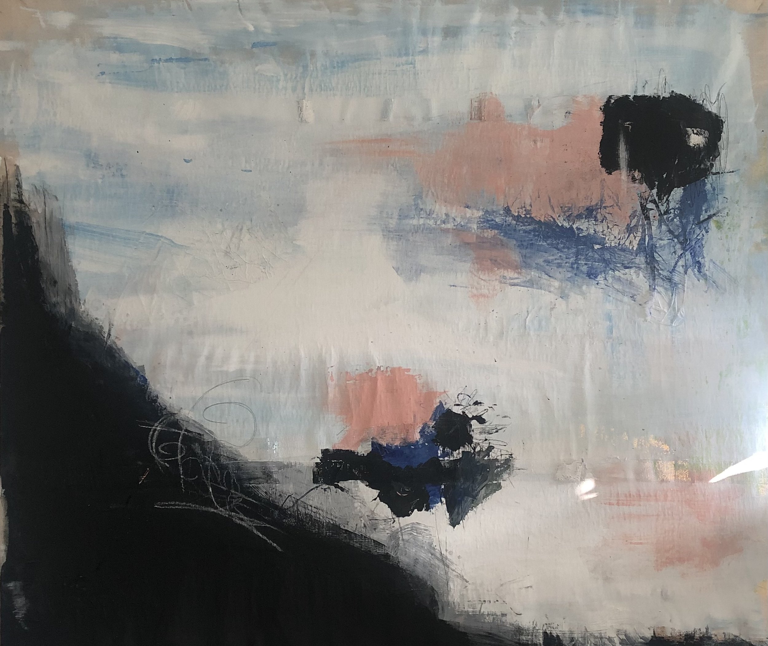 An abstract painting with soft pastel colors, including shades of blue, pink, and white, with darker patches of black and navy blue, along with some scribbled or textured elements.