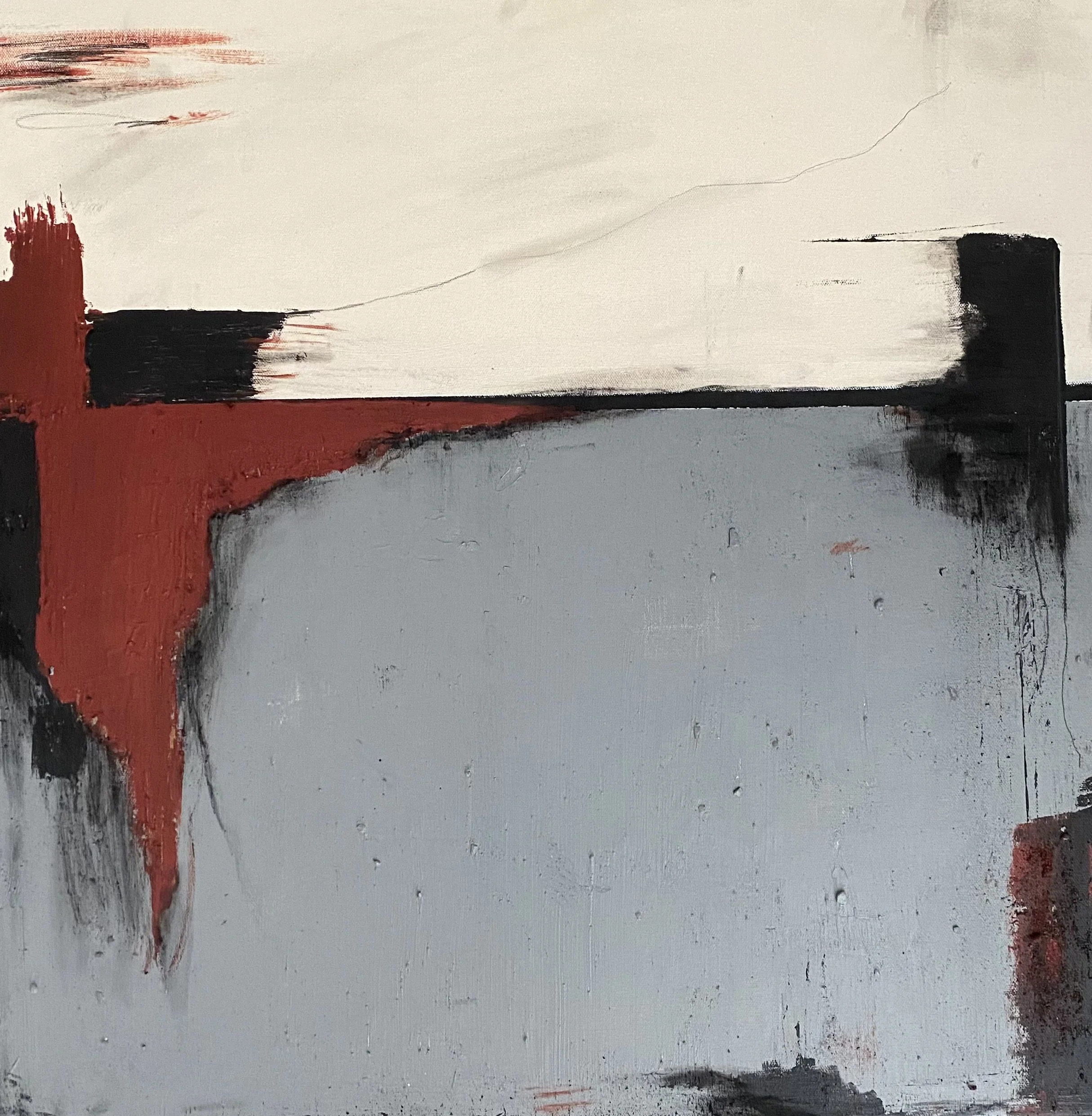 Abstract painting with horizontal black, red, and gray streaks on a white and gray background.