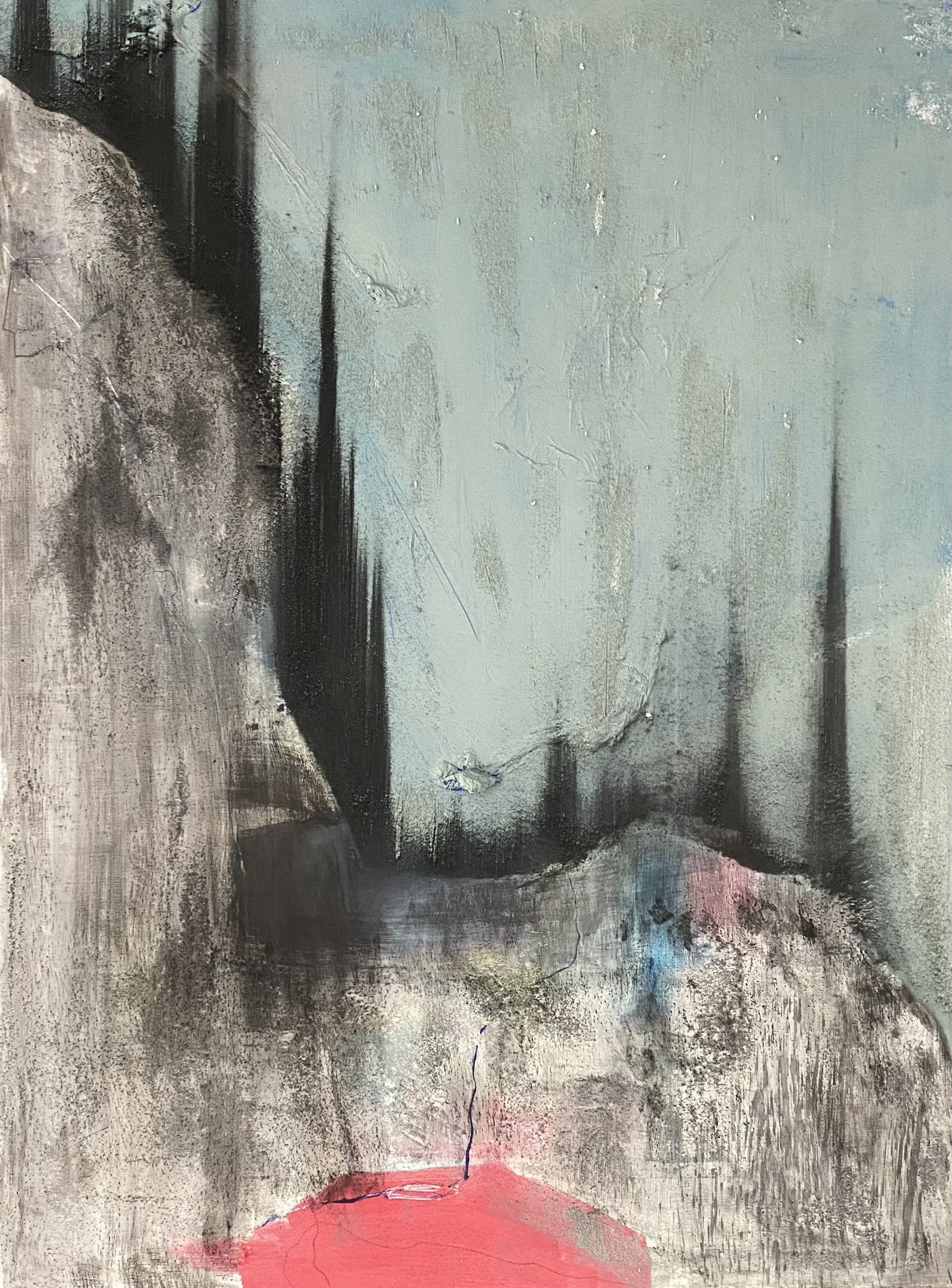 Abstract artwork with dark and muted tones, featuring a dark gray and black background with a large pinkish-red shape at the bottom and textured, distressed surfaces.