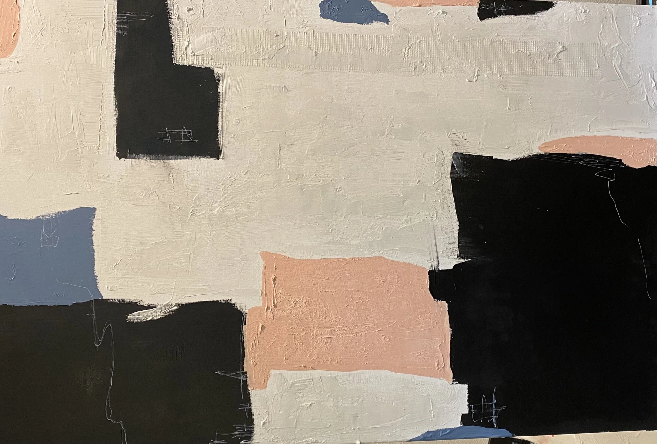 An abstract painting featuring overlapping rectangular shapes in black, peach, blue, and white with textured brushstrokes.