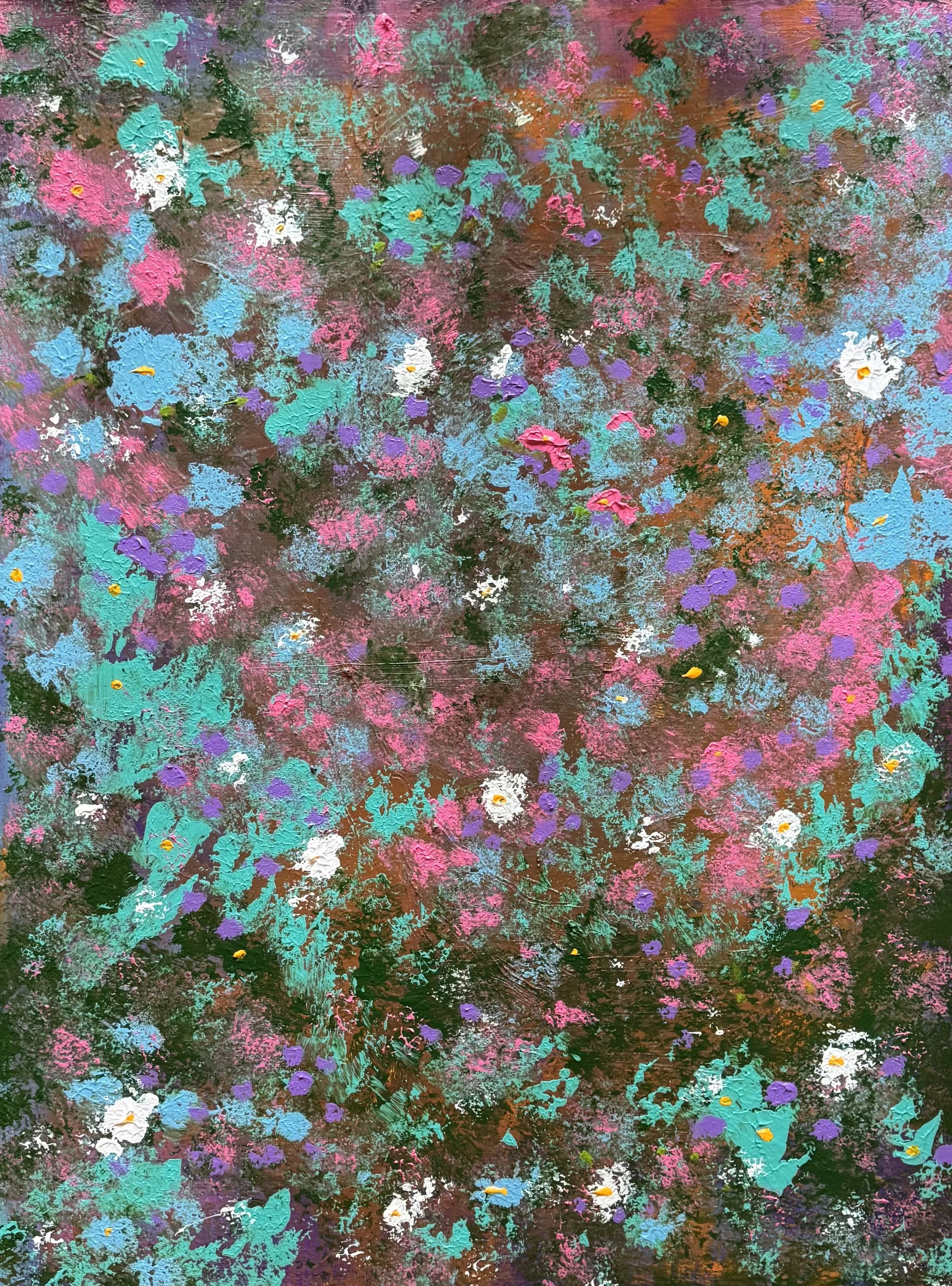 Abstract painting with a colorful mix of textured blue, pink, purple, white, yellow, green, black, and brown brushstrokes.