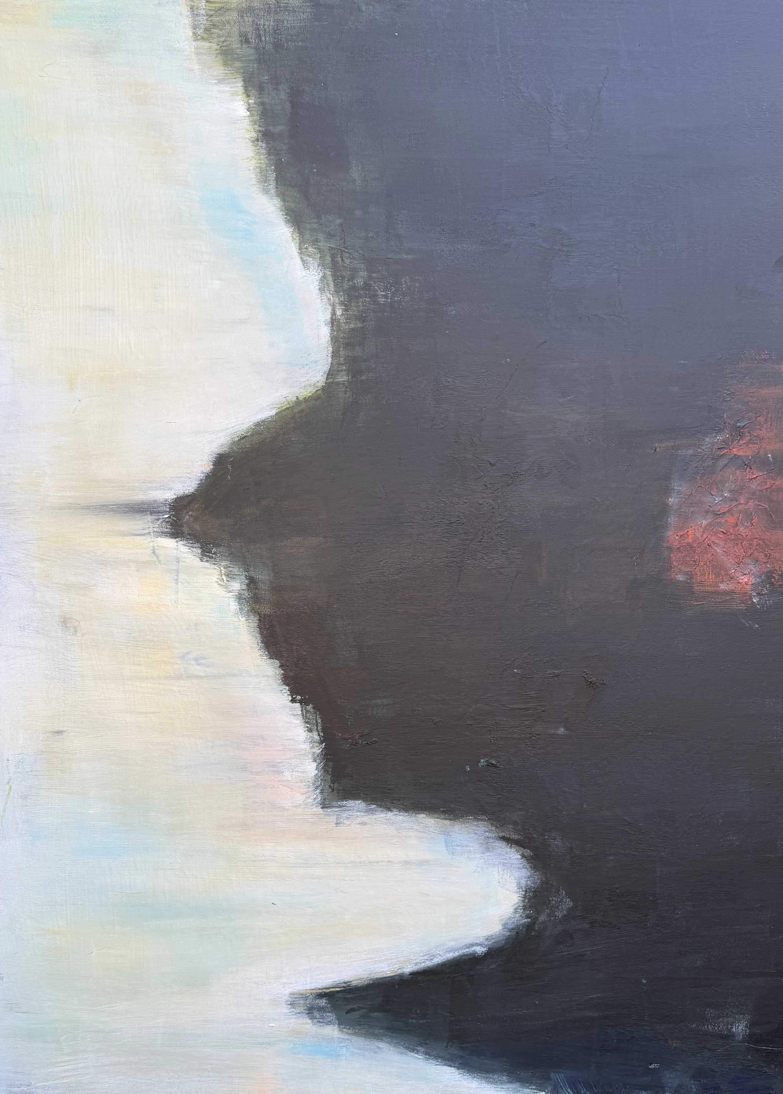 Close-up view of a landscape painting featuring a mountain silhouette with snow-capped peak, set against a sky that transitions from light to darker shades.