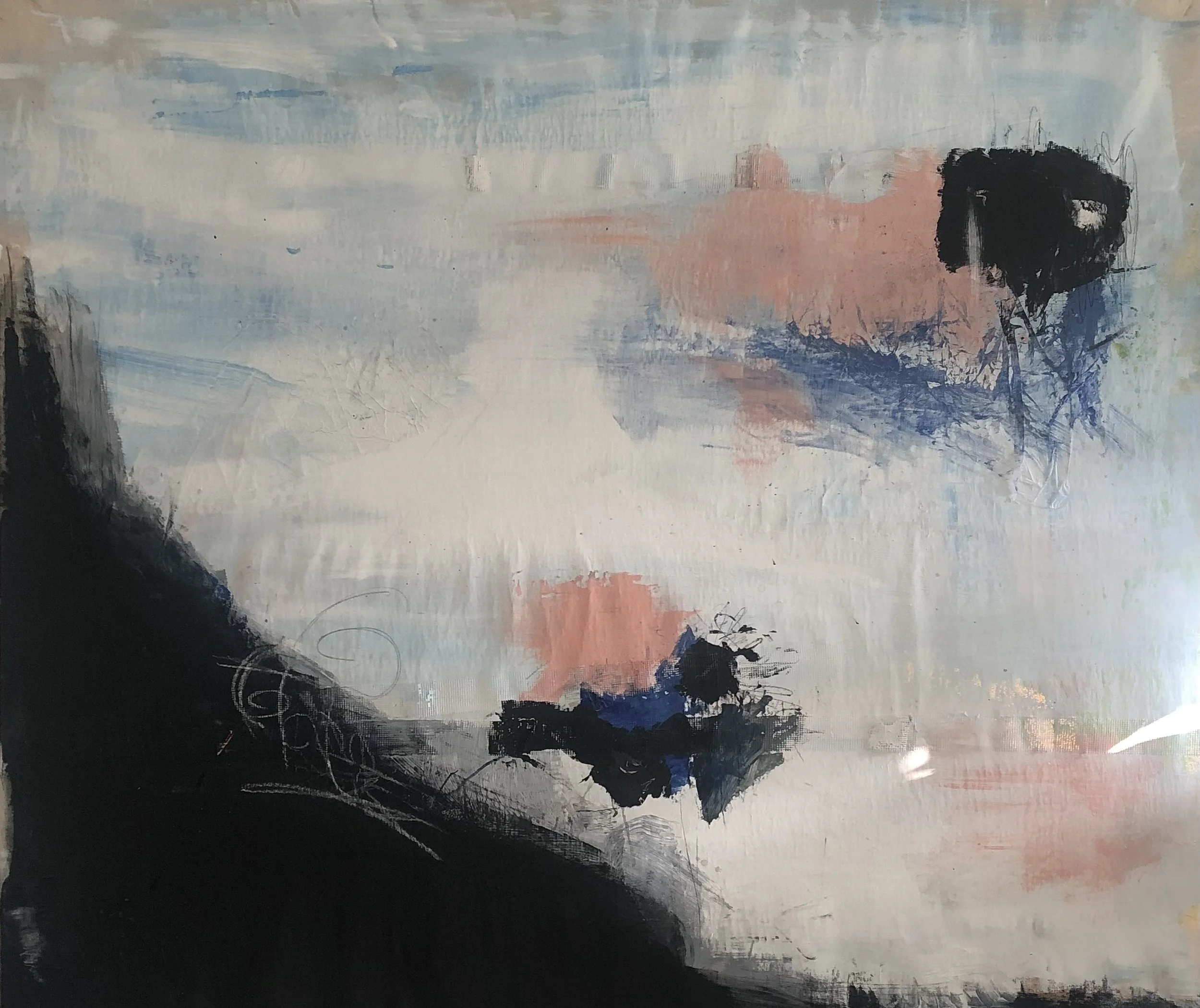 Abstract watercolor painting with soft pastel shades of blue, pink, and white, including black and dark blue accents, with some visible brush strokes and textured details.