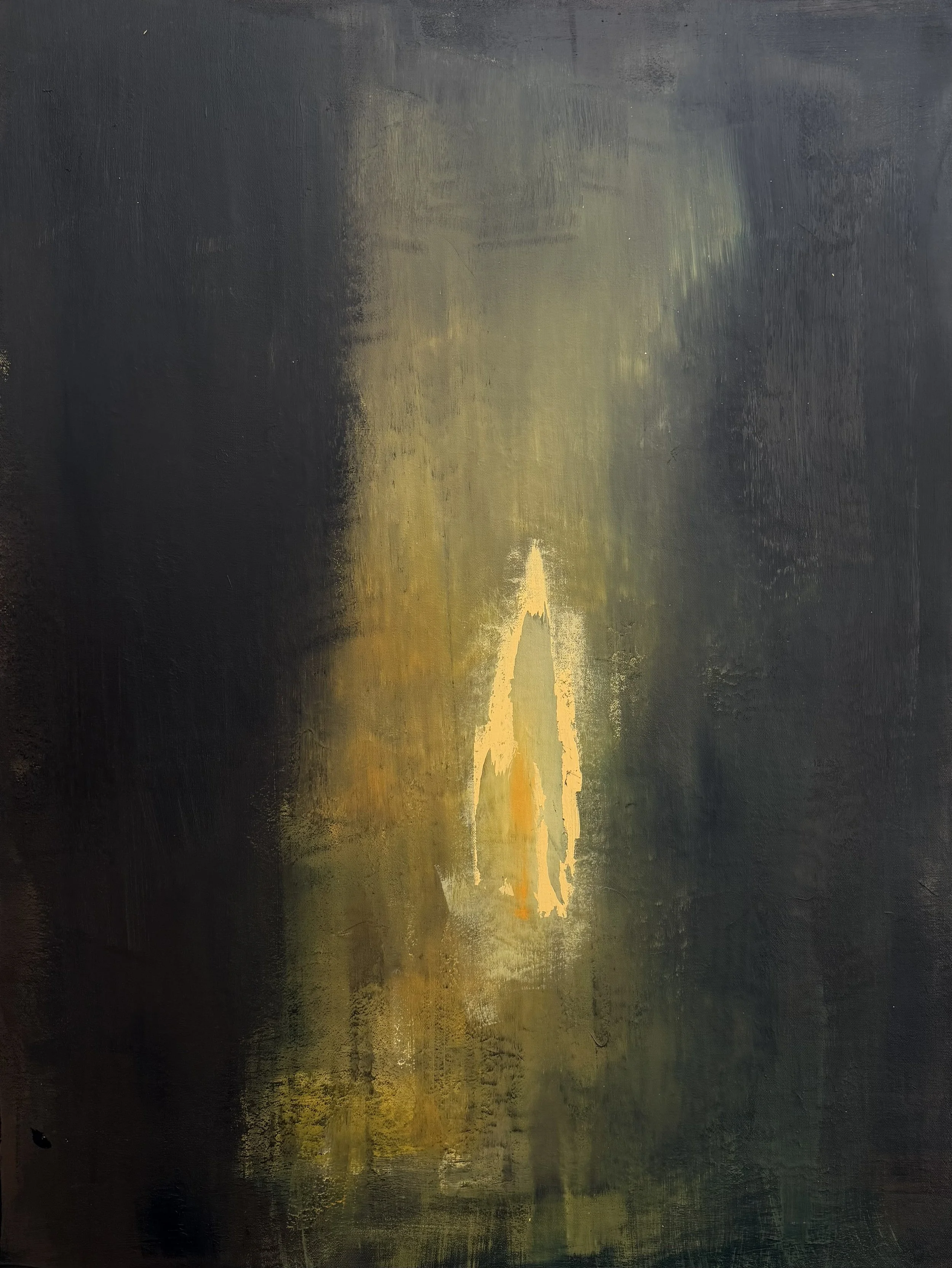 An abstract landscape painting with a yellow path leading into a misty, greenish and dark background.