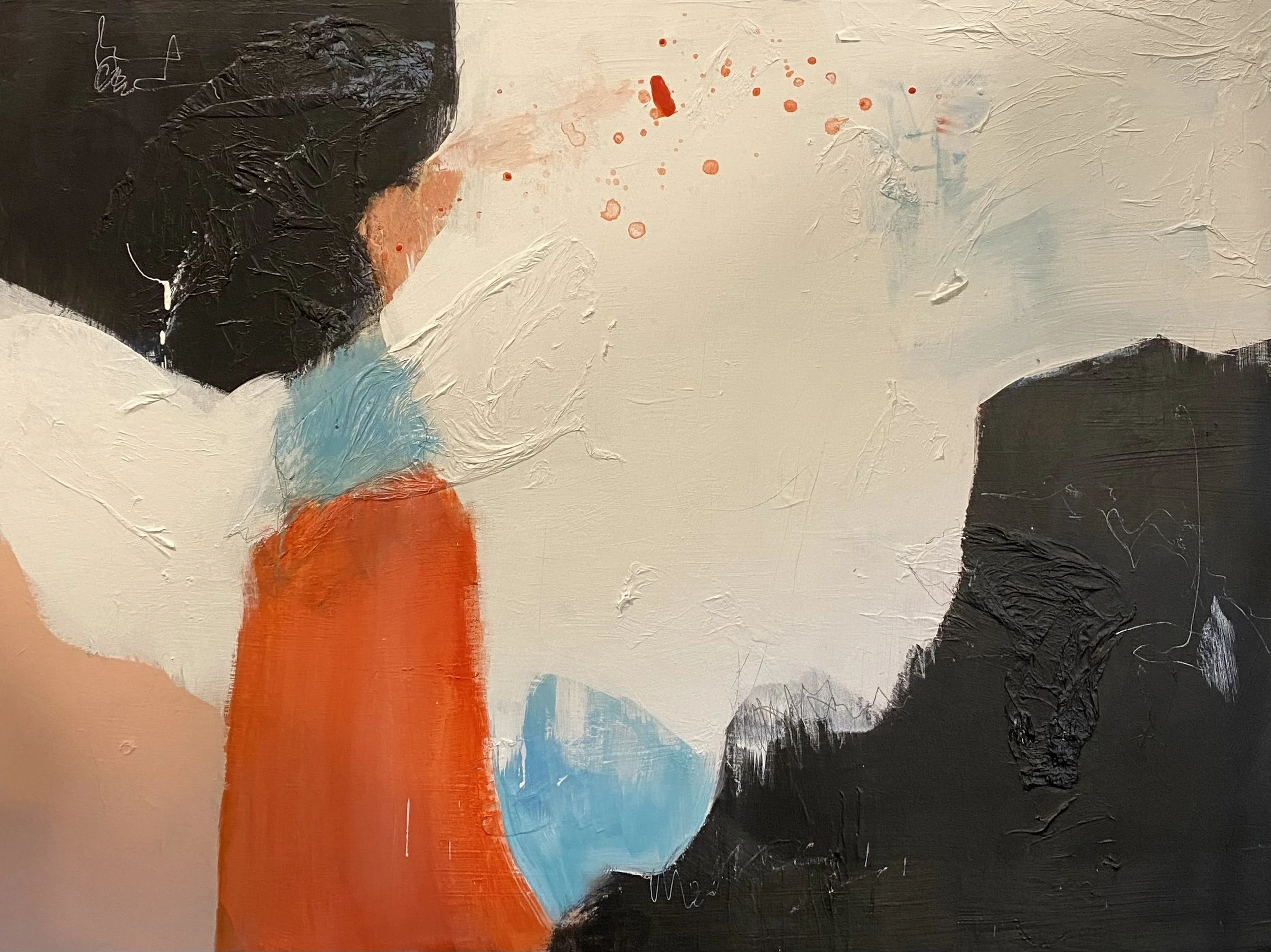 Abstract painting with large black shapes, orange, blue, and red splashes, and textured white background.
