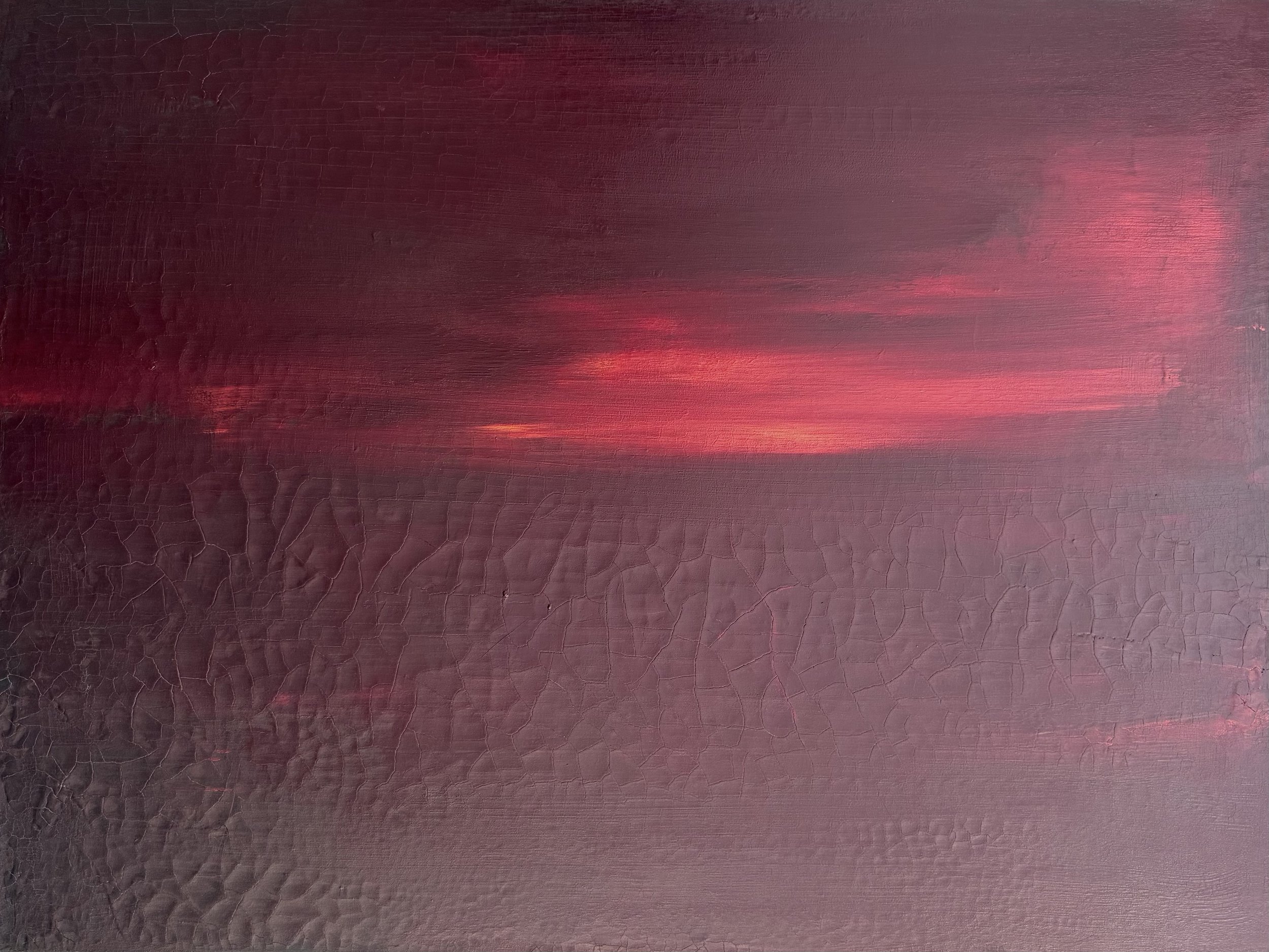 A close-up of a painting with various shades of red and pink hues, showing textured, cracked paint and visible brush strokes.