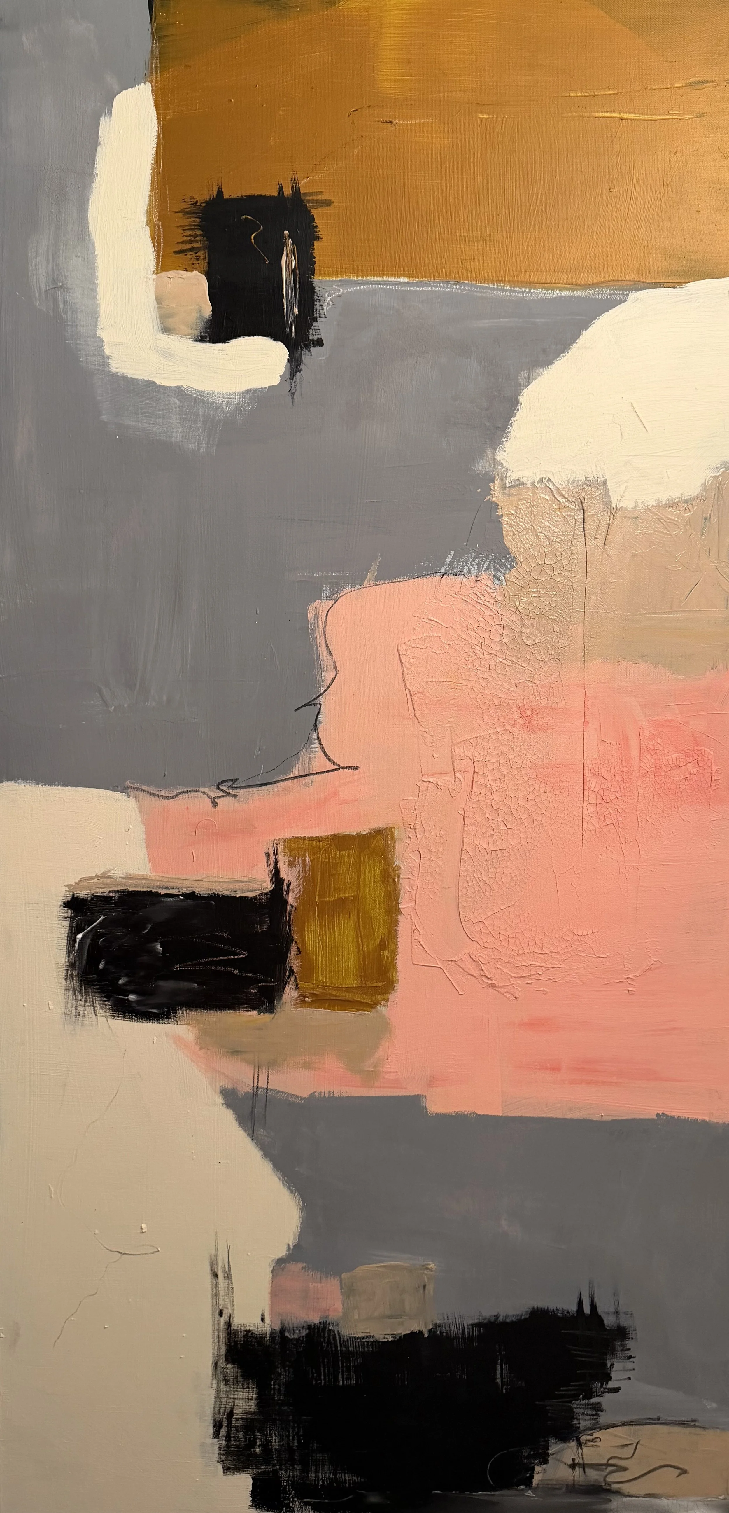 Abstract painting with blocks of color including black, gray, pink, white, brown, and gold, with textured and brushstroke details.